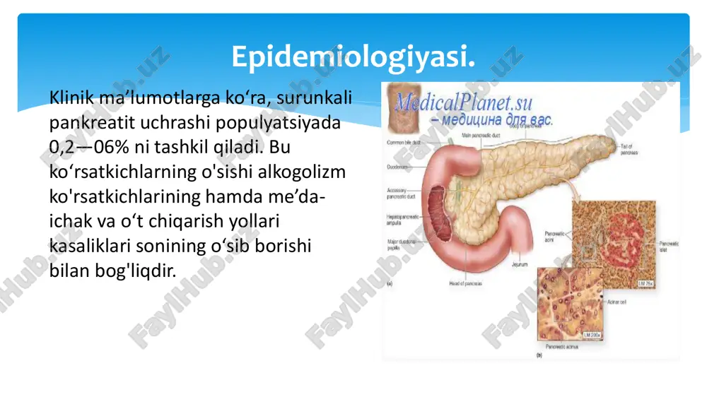 • kalsifikatsiyalangan shakli  klinik belgilarning xususiyatiga kolra:  polisimptom shakli  og‘riqli shakli  psevdoo'smali shakli  dispeptik shakli  latent shakli  kasallikning bosqichlariga kolra:  remissiya  qo‘zish davri  kasallik kechishiga kolra:  yengil darajadagi pankreatit (i boshlang‘ich bosqich)  o‘rta og‘ir darajadagi pankreatit (ii bosqich)  og'ir darajadagi pankreatit (iii bosqich, terminal, kaxeksik). klinikasi surunkali pankreatitning klinik manzarasi og'riq va dispepsiya sindromi hamda ekzokrin va endokrin faoliyatning yetishmovchiligi belgilaridan iborat. obyektiv ko'rilganda: teri qoplamlarining quruqligi, glossit, stomatit (gipovitaminoz natijasida), tana vaznining kamayishi va paypasla- ganda me’da osti bezi sohasida og‘riq va frenikus belgisining musbatligi aniqlanadi og'riq sindromi. og‘riq ovqatdan (achchiq, qovurilgan,yog‘li) 40— 60 daqiqadan so'ng paydo bo'ladi. og‘riq o'tkir, asta-sekin kuchayib boruvchi yoki doimiy, to‘mtoq, ezuvchi tusda, ovqat yegandan so‘ngkuchayishi mumkin. og‘riq joylashuvi meda osti bezining zararlangan anatomik sohasiga bog'liq. chap qoviirg‘a ravog'i ostidagi og‘riq me’da osti bezining dum qismi zararlanganligidan dalolat beradi. me'da osti …