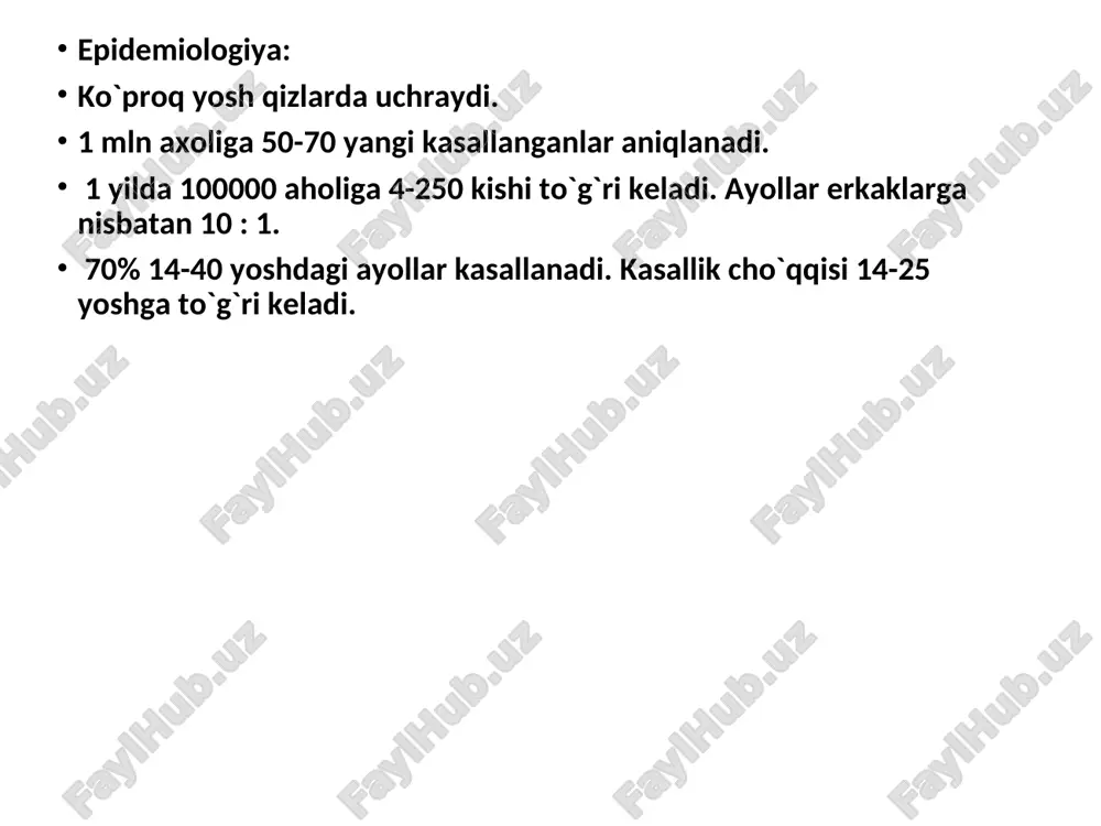 eniya (limfositlar 1,5*10^9/l dan kam), trombositopeniya (100*10^9/l dan kam). 10.immun buzilishlar. le-xujayraga test musbat. tabiiy dnk va rnkga qarshi antitanalar titri yuqori. 6 oy davomida sifilisga immobilizasiya reaksiyasi yoki flyuoressensiyalangan antitreponema antitanalarini absorbsiya testlariga yolgon musbat reaksiya. 11. antinuklear antitana. immunoflyuoressensiya yoki boshqa testlarda ana titrining yukoriligi. tqb da patologik jarayon faolligining klinik va laborator xarakteristikasi кўрсаткич фаоллик даражаси iii ii i тана температура 38°с ва ундан юқори 38°с дан паст меъёрида озиб кетиш ифодаланган ўртача бир оз трофика бузилиши ифодаланган ўртача ўртача/бир оз тери зарарланиши «капалаксимон эритема, каппиляритлар носпецифик эритема дискоид ўчоқлар полиартрит ўткир, ўткир ости ўткир ости деформация артралгиялар перикардит экссудатив қуруқ адгезив миокардит ифодаланган ўртача кардиосклероз либман - сакс эндокардити ифодаланган ўртача митрал қопқоқ етишмовчилиги плеврит экссудатив қуруқ адгезив диффуз гломеруло-нефрит нефротик синдром аралаш типда пешоб синдроми асаб тизими зарарланиши энцефало-радикуло-неврит энцефало неврит полиневрит гемоглобин г/л 100 дан кам 100-110 120 ва баланд эчт мм/соат 45 ва …