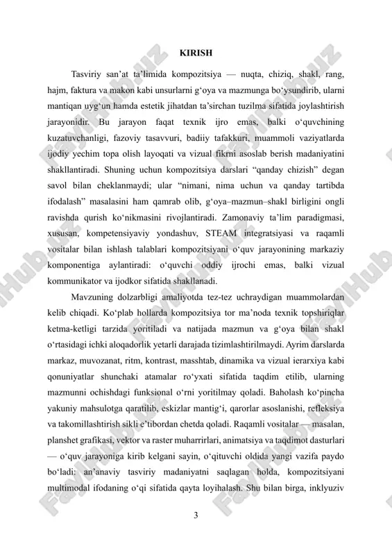zatish — dars jarayonlarini bevosita tahlil qilish; tajriba-sinov — kontrol va tajriba guruhlari bilan ishlash, oldindan va keyin o‘lchovlar o‘tkazish; portfel tahlili — o‘quvchilar ishlarini bosqichma-bosqich yig‘ish va ekspertiv baholash; so‘rovnoma hamda suhbat — o‘quvchilar va o‘qituvchilarning fikr-mulohazalarini aniqlash; kontent-tahlil va deskriptiv-statistik taqqoslash — sifat va miqdoriy ko‘rsatkichlarni solishtirish kabi yondashuvlardan foydalaniladi. ushbu kompleks yondashuv kompozitsion ko‘nikmalarni nafaqat yakuniy tasvir sifatida, balki qarorlar mantiqi va ijodiy jarayon sifatida ham o‘lchash imkonini beradi. ishning ilmiy yangiligi bir necha yo‘nalishda namoyon bo‘ladi. avvalo, kompozitsion qonuniyatlar kompetensiyaviy natijalar bilan bevosita bog‘langan holda, mazmun–shakl–funksiya uchligi asosida didaktik model sifatida talqin etiladi. bu model kompozitsiyani shunchaki tasviriy usul emas, balki vizual tafakkurni shakllantiruvchi kognitiv-semiotik tizim sifatida yoritadi. ikkinchidan, dars dizayniga vizual muammo yechish modeli joriy etilib, unda qisqa “brief”, divergensiya bosqichida bir nechta eskiz varianti, konvergentsiya bosqichida tanlov va asoslash, keyin takomillashtirish hamda taqdimot-refleksiya sikli izchil qo‘llanadi. uchinchidan, baholash tizimi jarayon, mahsulot va taqdimotni qamrab …