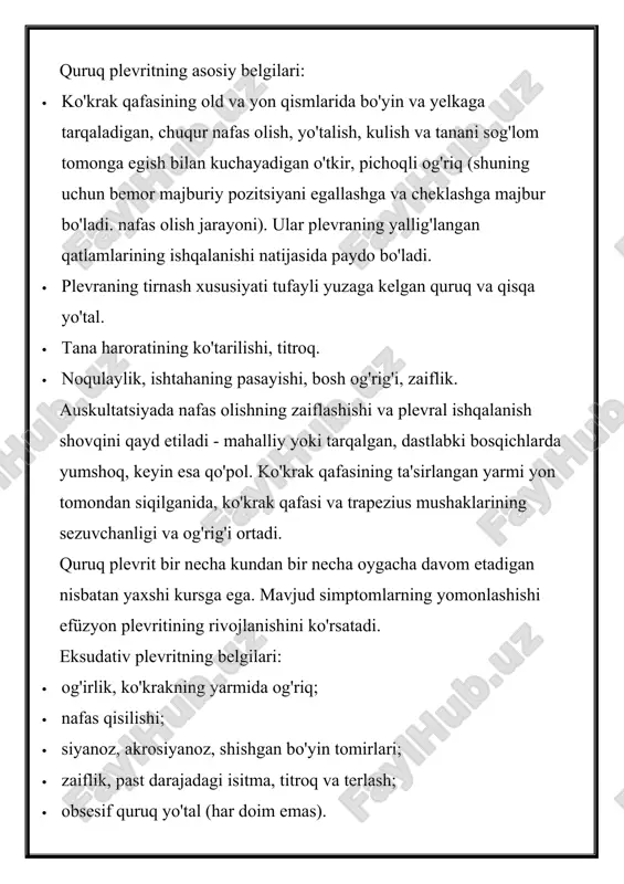 g bo'rtib ketishi va kengayishi, zararlangan tomonda to'qimalarning shishishi, nafas olishning kechikishi aniqlanadi. plevra bo'shlig'ida katta hajmdagi suyuqlik to'planganda, yurak va mediastinal organlar sog'lom tomonga o'tadi. agar bu to'satdan sodir bo'lsa, o'tkir yurak-qon tomir etishmovchiligi rivojlanishi mumkin. sog'lig'ingizga jiddiy e'tibor berish bunday xavfli holatning oldini olishga yordam beradi - o'pka plevritining belgilariga o'xshash birinchi alomatlar paydo bo'lganda shifokor maslahatiga borish. bu sizning sog'lig'ingizga ushbu kasallikning salbiy oqibatlarini oldini oladi. plevritning sabablari plevritga yuqumli yoki yuqumli bo'lmagan (yallig'lanish) omillar sabab bo'lishi mumkin. yuqumli sabablar: · bakteriyalar (stafilokokklar, pnevmokokklar, mikobakteriyalar, treponema, tulyaremiya tayoqchasi, brusella, escherichia coli va pseudomonas aeruginosa); · viruslar (gerpes, gripp); · zamburug'lar (kandidoz, blastomikoz, koksidioidomikoz); · parazitlar (echinokokklar, amyobalar). yuqumli vosita plevra bo'shlig'iga turli yo'llar bilan kirishi mumkin: kontakt, qon yoki limfa oqimi bilan, yaqin yoki uzoqda joylashgan surunkali infektsiya o'choqlaridan. yuqumli bo'lmagan sabablar: · otoimmün kasalliklar (revmatik jarayonlar, sle, vaskulit, skleroderma); · plevra (mezotelioma), bronxlar yoki o'pkaning malign …