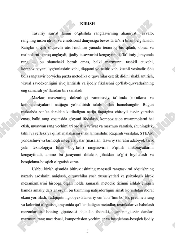 1. rang nazariyasi va koloritning o‘quv jarayonidagi o‘rni rang nazariyasi tasviriy san’at ta’limining poydevori bo‘lib, o‘quvchida vizual savodxonlik, estetik did va ijodiy tafakkurni izchil shakllantirishga xizmat qiladi. rang — bu shunchaki bezak yoki yuzaki ta’sir emas; u shakl va kompozitsiyani bog‘lovchi, diqqatni yo‘naltiruvchi, mazmun va kayfiyatni ochuvchi tildir. shu sababli dars jarayonida rang nazariyasini tizimli o‘rganish, koloritni ongli tanlash va boshqarish ko‘nikmalarini rivojlantirish o‘quv natijalarini sezilarli darajada oshiradi. rang nazariyasining asosiy tushunchalari — tus (rang nomi), yorug‘-to‘q qiymat (value) va to‘yinganlik (saturation) — o‘quvchi uchun rang bilan ishlashning “grammatikasi” vazifasini bajaradi. tuslar doirasi, iliq va sovuq ranglar spektri, komplementar juftliklar, analog va triada uyg‘unliklari, shuningdek bir va ko‘p markazli rang sxemalari nafaqat nazariy bilim, balki amaliy yechim topish vositasidir. masalan, iliq-sovuq kontrasti yordamida forma hajmga ega bo‘lib ko‘rinadi, komplementar kontrast esa obrazni jonlantiradi, diqqat markazini kuchaytiradi. bu atamalar quruq ta’rif bo‘lib qolmasligi uchun darsda rang doirasi bilan ishlash, 3–5 rangli …