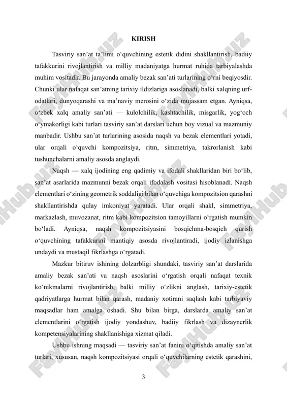 a estetik tamoyillar uyg‘unlashadi. aynan shu jihati bilan u boshqa san’at turlaridan ajralib turadi. masalan, idish-tovoqlar, gilamlar, kashtalar, yog‘och o‘ymakorligi, metall buyumlar, liboslar, me’moriy bezak elementlari — bularning barchasi amaliy bezak san’ati namunalaridandir. ular bir tomondan insonning turmush tarzini bezagan bo‘lsa, ikkinchi tomondan xalqning dunyoqarashi, estetik didi, urf-odati va qadriyatlarini o‘zida aks ettirib kelgan. amaliy san’at tushunchasi xalq badiiy ijodi, etnografik madaniyat, hunarmandchilik va san’at tarixining uzviy bir qismi sifatida qaraladi. o‘zbek xalqining amaliy san’ati boy an’ana va uslubiy maktablarga ega. jumladan, rishton va g‘ijduvonda kulolchilik, buxoro va shahrisabzda kashtachilik, toshkent va samarqandda misgarlik, farg‘onada yog‘och o‘ymakorligi maktablari shakllangan. bu maktablarda naqshlar, ranglar, material ishlovi, bezak shakllari avloddan-avlodga og‘zaki va amaliy yo‘l bilan o‘tgan, mustahkam an’ana shaklida saqlangan. amaliy bezak san’atining ildizlari miloddan avvalgi davrlarga borib taqaladi. qadimgi sug‘d, baqtriya va xorazm madaniy qatlamlarida topilgan sopol buyumlar, devoriy naqshlar, metall va toshdan ishlangan bezaklar, qadimiy gilamlar va kiyimlar bezagi bu …