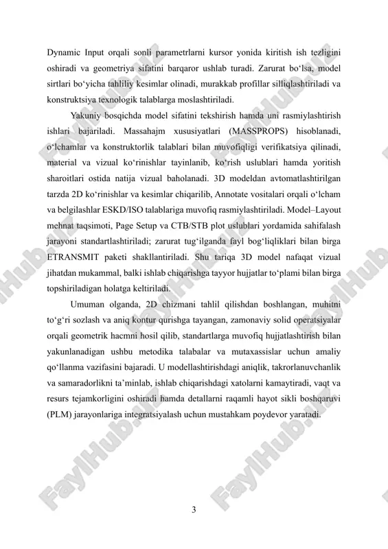 korligini oshiradi hamda detallarni raqamli hayot sikli boshqaruvi (plm) jarayonlariga integratsiyalash uchun mustahkam poydevor yaratadi. i bob. моделирование rejimida ishlash 1.1. autocad dasturini 3d muhitga sozlash. autocad’ni 3d modellashtirish uchun tayyorlash ishni to‘g‘ri ish muhitidan boshlaydi. avvalo workspace profilini “3d modeling” yoki “3d basics” rejimiga almashtirish zarur. bunda ribbon tarkibi 3d vositalariga mos ravishda qayta tuziladi, viewcube va navigation bar ko‘rinishi faollashadi, orbit va vizual uslublar tezkor qo‘l ostida turadi. yangi loyiha ochishda 3d ga mos shablonlardan—masalan, metric tizimi uchun “acadiso3d.dwt”—foydalanish keyingi barcha parametrlarning izchil bo‘lishini ta’minlaydi. birliklar va aniqlik 3d ishning poydevoridir. “units” oynasida uzunlik birliklarini (millimetr yoki metr), burchak birliklarini va kerakli aniqlik darajasini belgilang. metr tizimi bilan ishlaganda decimal format odatda qulay, burchaklar uchun “decimal degrees” yoki “degrees/minutes/seconds” tanlanadi. “measurement” qiymatini iso tizimiga mos holda yo‘lga qo‘yish hatch va chiziq turlari kabi kutubxonalar mosligini kafolatlaydi. “snap” va “grid” 3d da majburiy emas, biroq boshlang‘ich eskizlar uchun foydali; …