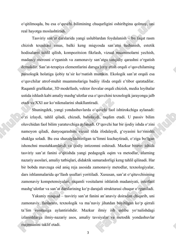 tahlil qiladi, chizadi, baholaydi, taqdim etadi. u passiv bilim oluvchidan faol bilim yaratuvchiga aylanadi. o‘quvchi har bir ijodiy ishda o‘zini namoyon qiladi, dunyoqarashini vizual tilda ifodalaydi, g‘oyasini ko‘rinishli shaklga soladi. bu esa shaxsiylashtirilgan ta’limni kuchaytiradi, o‘ziga bo‘lgan ishonchni mustahkamlaydi va ijodiy intizomni oshiradi. mazkur bitiruv ishida tasviriy san’at fanini o‘qitishda yangi pedagogik oqim va metodlar, ularning nazariy asoslari, amaliy tatbiqlari, didaktik samaradorligi keng tahlil qilinadi. har bir bobda mavzuga oid aniq reja asosida zamonaviy metodlar, texnologiyalar, dars ishlanmalarida qo‘llash usullari yoritiladi. xususan, san’at o‘qituvchisining zamonaviy kompetensiyalari, raqamli vositalarni ishlatish madaniyati, interfaol mashg‘ulotlar va san’at darslarining ko‘p darajali strukturasi chuqur o‘rganiladi. yakuniy maqsad – tasviriy san’at fanini an’anaviy doiradan chiqarib, uni zamonaviy, fanlararo, texnologik va ma’naviy jihatdan boyitilgan ko‘p qirrali ta’lim vositasiga aylantirishdir. mazkur ilmiy ish ushbu yo‘nalishdagi izlanishlarga ilmiy-nazariy asos, amaliy tavsiyalar va metodik yondashuvlar majmuasini taklif etadi. i bob. tasviriy san’at ta’limida zamonaviy yondashuvlar 1.1. tasviriy san’atni o‘qitishda konstruktivizm, …