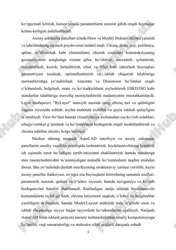 os rasmiylashtirishni ta’minlaydigan metodik ko‘rsatmalarni taqdim etishdan iborat. shu yo‘nalishda dastlab interfeysning strukturaviy xaritasi yoritilib, keyin asosiy panellar funksiyasi, so‘ngra esa buyruqlarni kiritishning samarali usullari, parametrik nazorat, qatlam va o‘lchov siyosati, hamda navigatsiya va ko‘rish boshqaruvlari batafsil sharhlanadi. kutiladigan natija sifatida foydalanuvchi komandalarni izchil qo‘llash, chizma intizomini saqlash, o‘lchov va belgilashlar yaxlitligini ta’minlash, hamda model/layout muhitida toza, o‘qilishi oson va ishlab chiqarishga tayyor hujjat tayyorlash ko‘nikmalarini egallaydi. natijada autocad bilan ishlash jarayoni nazariy tushunchalardan amaliy kompetensiyaga ko‘tarilib, vaqt samaradorligi va mahsulot sifati sezilarli darajada oshadi. i bob. autocad dasturini o‘rnatish va ishga tayyorlash 1.1. autocad dasturini o‘rnatish bosqichlari. autocad’ni o‘rnatish ishini boshlashdan avval kompyuterning texnik talablari dastur versiyasiga mos kelishini tekshirish maqsadga muvofiq bo‘ladi. operatsion tizimning to‘liq yangilanganligi, yetarli bo‘sh disk xotirasi, xotira hajmi hamda grafik adapter drayverlarining so‘nggi versiyada ekanini aniqlash keyingi bosqichlarda yuzaga kelishi mumkin bo‘lgan muammolarni sezilarli kamaytiradi. shuningdek, administrator huquqlari mavjudligi, vaqtinchalik fayllar uchun ajratilgan joyning …