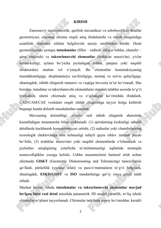 tlariga (dxf/dwg/step) eksport. · ishlab chiqarish marshruti, nazorat rejalari va qisqa iqtisodiy tahlilni tuzish. tadqiqot ob’ekti — tutashmalar va takrorlanuvchi elementlar qatnashgan mexanik detal; tadqiqot predmeti — ushbu elementlarning chizmada to‘g‘ri aks ettirilishi, o‘lchamlash va toleranslash qoidalari, hamda ularning ishlab chiqarish jarayoniga ta’siri. metodologiya sifatida autocad, solidworks (yoki kompas-3d, catia) kabi cad tizimlaridan foydalaniladi; gd&t talablari, pürüzlilik va pass/o‘rnatmalar eskd/iso me’yorlariga tayangan holda qo‘llanadi. zaruratga ko‘ra soddalashtirilgan cae tahlillari (masalan, fillet radiusining kuchlanish konsentratsiyasiga ta’sirini ko‘rsatish) ham amalga oshirilishi mumkin. chizmalar verifikatsiyasi uchun chek-ro‘yxatlar (checklist) ishlab chiqilib, chizmalarni ishlab chiqarish bo‘limiga uzatishdan oldin tekshiruv o‘tkaziladi. ilmiy-amaliy yangilik shundaki, ishda tutashmalar va patternlarni tanlashning konstruktiv-texnologik mezonlari bir tizimda beriladi: minimal fillet radiusining asbob o‘lchamlari va material xossalari bilan bog‘liqligi, teshiklar massivining joylashuv aniqligini gd&t orqali ta’minlash (masalan, position toleransi va bazalash sxemasi), pürüzlilik talablarining ishlov turiga mos ravishda differensial qo‘yilishi (ayrim yuzalar uchun umumiy ra, funksional yuzalar uchun mahalliy ra). shuningdek, …