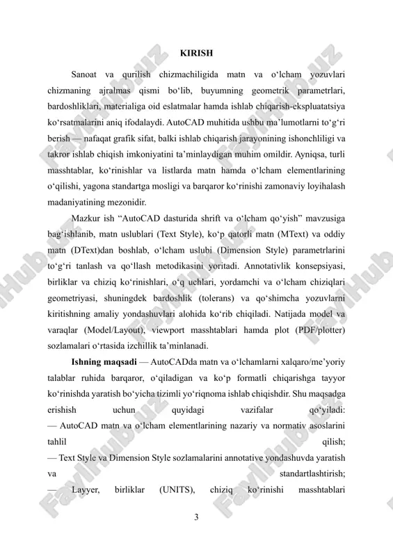 n va talqini aniq bo‘lishini ta’minlaydi. ular chizmada matnning shakli va joylashuvi, o‘lcham chiziqlari geometriyasi, o‘q uchlari hamda belgilar semantikasini tartibga soladi. maqsad — buyumning geometrik parametrlarini noto‘g‘ri talqin qilish xavfini bartaraf etish, ishlab chiqarish va nazorat bosqichlarida aniqlikni oshirishdir. standartlar bo‘yicha chizma matni o‘qilishi qulay, bir xil uslubda va texnik shriftlarda beriladi. harflar va raqamlar oddiy, seriflarsiz shaklda, qat’iy vertikal yo‘nalishda bo‘lishi, satr oralig‘i va belgi oralig‘i bir xil izchillikda saqlanishi zarur. matn balandligi chizma formati va ko‘rinish masshtabiga mutanosib tanlanadi; amaliyotda qabul qilingan tipik balandliklar 2,5 mm, 3,5 mm, 5 mm, 7 mm va 10 mm bo‘lib, bir chizmada imkon qadar kam sonda, lekin yetarli darajadagi gradatsiyalardan foydalanish tavsiya etiladi. chiziq qalinliklari iso 128 talablari asosida tanlanib, qalin va ingichka chiziqlar orasida taxminan 2:1 nisbat saqlanadi; ishlatiladigan nominal qalinliklar ketma-ketligi odatda 0,18; 0,25; 0,35; 0,50; 0,70; 1,00 mm diapazonida bo‘ladi. birliklar bo‘yicha asosiy qoida — si tizimi, ayniqsa …