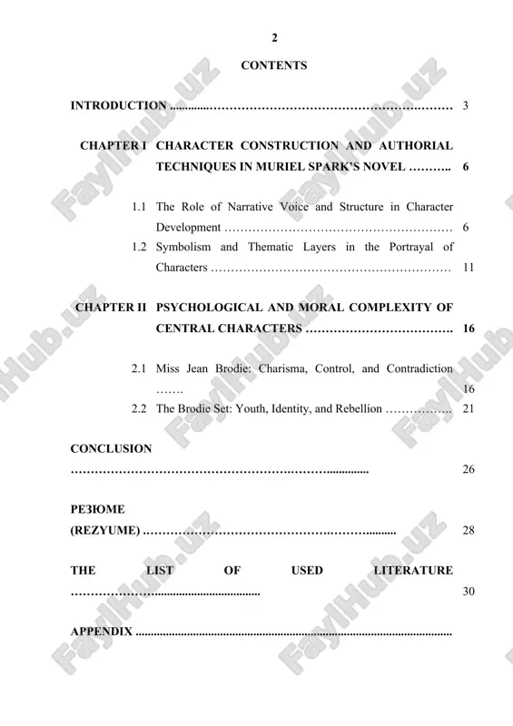 mong the characters, this paper seeks to shed light on spark’s literary mastery in portraying flawed but compelling personalities. the tasks of the work are: to examine the narrative and structural techniques muriel spark employs in shaping the characters in the novel, including the use of time shifts, foreshadowing, and free indirect discourse. to explore the central character, miss jean brodie, as a literary figure who embodies both inspiration and manipulation, and to assess how her ideals influence and challenge those around her. to analyze the members of the “brodie set”, particularly sandy stranger, in terms of their psychological development and moral decisions as they mature under miss brodie’s tutelage. to identify thematic and symbolic elements that contribute to the portrayal of character peculiarities, such as the notions of fascism, betrayal, and female authority. to evaluate the broader literary significance of spark’s character portrayals within the context of post-war british …