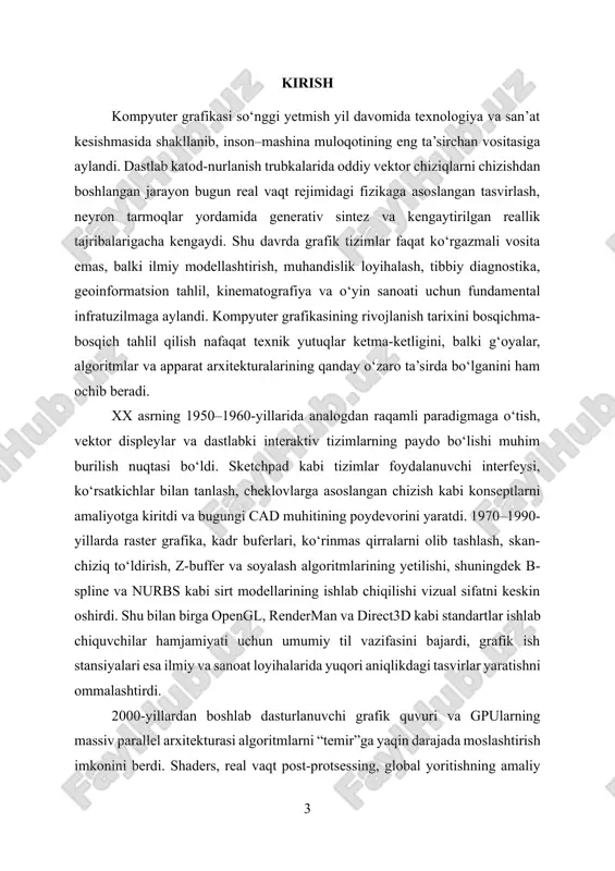 pyuter grafikasining rivojlanish tarixini g‘oyalar, algoritmlar, apparat vositalari va amaliy sohalar prizmasida izchil yoritish, har bir bosqichda yuzaga kelgan muammolar va ularni hal etgan yondashuvlarni tizimli ko‘rsatishdir. shu maqsadga erishish uchun quyidagi vazifalar qo‘yiladi: tarixiy bosqichlarni vaqt kesimida segmentlash va har bir bosqichning “drayver” texnologiyalarini aniqlash; raster va vektor paradigmalari o‘rtasidagi farqlar hamda ularning qo‘llanish doiralarini tahlil qilish; yoritish, sirt modellashtirish, proyeksiya va rasterizatsiya algoritmlarining evolyutsiyasini bayon etish; grafik api va standartlarning ekotizimga ta’sirini baholash; gpu arxitekturasi, dasturni apparatga moslash (programmability) va ml integratsiyasining zamonaviy tendensiyalarini umumlashtirish. tadqiqot ob’ekti — kompyuter grafikasining nazariy va amaliy komponentlari; predmeti — ularning tarixiy rivoji, o‘zaro bog‘liqligi va sanoatga ta’siri. metodologiya sifatida bibliografik tahlil, konseptual taqqoslash, arxitektura va algoritmlarni bosqichma-bosqich rekonstruksiya qilish, shuningdek an’anaviy (rendering pipeline) va zamonaviy (differensial/neyro-grafika) yondashuvlarni qiyosiy ko‘rish qo‘llanadi. ilmiy-amaliy yangilik shundan iboratki, ish klassik geometriya va optika modellarini gpu programmabiliti, real vaqt fotorealizmi va ml asosli tezlatgichlar bilan bir …