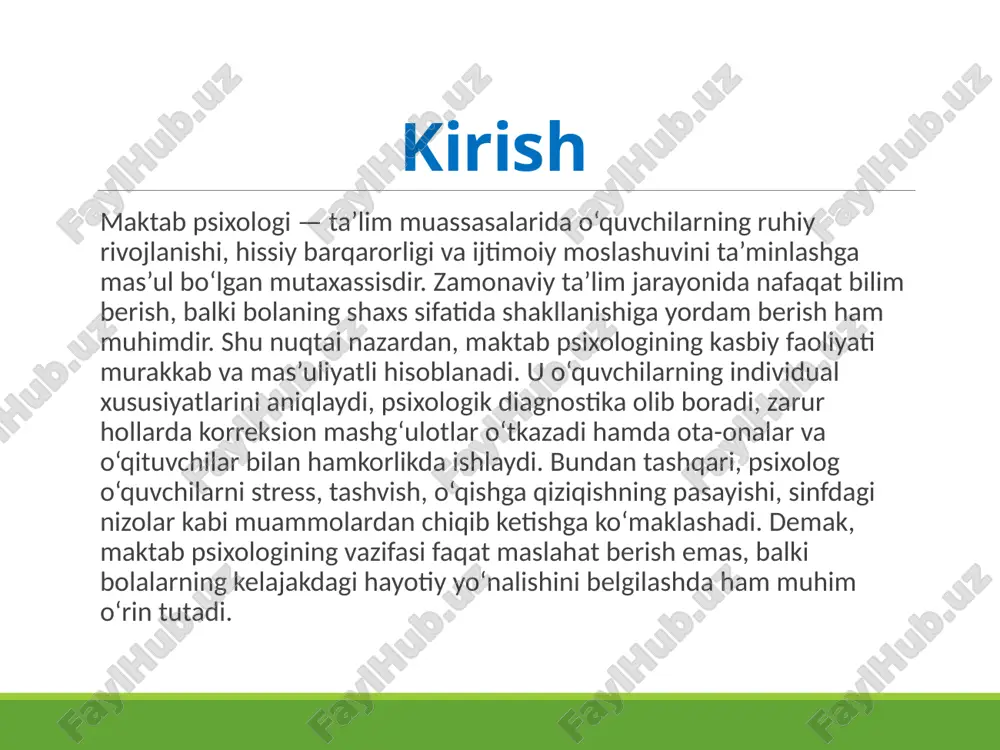 an tashqari, psixolog ota-onalar uchun seminar-treninglar tashkil etib, ularni psixologik savodxonlikka o‘rgatadi. demak, maktab psixologi nafaqat o‘quvchi bilan, balki u atrofidagi muhit bilan ham ishlaydi, bu esa bolaning sog‘lom rivojlanishini ta’minlaydi. xulosa maktab psixologining kasbiy faoliyati va mas’uliyati ta’lim jarayonida alohida ahamiyat kasb etadi. psixolog bolalarning shaxsiy rivojlanishi, ijtimoiy moslashuvi va ruhiy barqarorligini ta’minlashda asosiy tayanch shaxsdir. uning faoliyatida diagnostika, maslahat, korreksiya, profilaktika va ilmiy tahlil muhim o‘rin tutadi. shu bilan birga, psixologning mas’uliyati nafaqat kasbiy malaka, balki kasbiy etika qoidalariga rioya qilish bilan ham belgilanadi. o‘quvchilar, ota-onalar va o‘qituvchilar bilan hamkorlik esa ta’lim jarayonini yanada samarali qiladi. shunday qilib, maktab psixologi nafaqat bir mutaxassis, balki bolalar kelajagi uchun mas’uliyatni o‘z zimmasiga oluvchi inson sifatida ta’lim tizimining ajralmas bo‘g‘inidir. e’tiboringiz uchun rahmat image1.png image2.png image3.png image4.png /docprops/thumbnail.jpeg
