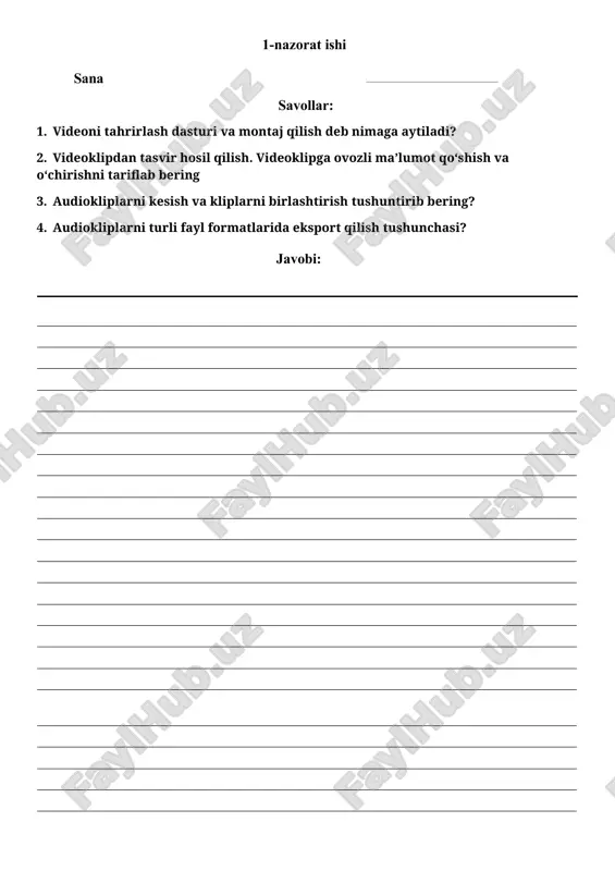 ish savollar 1 2 3 4 5 6 7 8 9 10 11 12 13 14 15 javoblar 2-nazorat ishi sana ––––––––––––––––––––––––––––– savollar: 1. ijtimoiy tarmoq va videokonferensiyalar tasniflab bering? 2. kompyuter tarmoqlari komponentlari? 3. simsiz ulanish nuqtasi? 4. elektron tijorat va internet banking nima? javobi: o’zingizni sinab ko’ring-2 test 1. elektron tijorat nima? a) internet orqali mahsulot va xizmatlarni sotish va sotib olish b) faqat do‘konda savdo qilish c) faqat telefon orqali buyurtma berish d) kompyuter o‘yinlari 2. internet bankingdan qanday maqsadda foydalaniladi? a) pul operatsiyalarini internet orqali bajarish uchun b) o‘yinlarni yuklab olish uchun c) video ko‘rish uchun d) sms yuborish uchun 3. elektron pul o‘tkazmalari nima uchun kerak? a) ovozli xabar yuborish uchun b) pulni tez va xavfsiz uzatish uchun c) surat olish uchun d) videoni kesish uchun 4. zaxiralarni avtomatik boshqarish tizimi nima qiladi? a) ombordagi mahsulotlarni hisoblaydi va nazorat qiladi b) kompyuter o‘yinlarini o‘rnatadi c) …