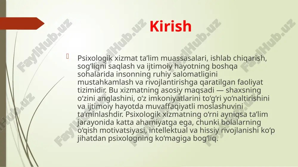 ng ta’lim muassasalaridagi ahamiyati psixologik xizmat ayniqsa maktab va oliy ta’lim muassasalarida katta ahamiyatga ega. chunki bu davrda o‘quvchilar va talabalar shaxs sifatida shakllanadi, hayotga qarashlari, kelajakdagi yo‘nalishlari belgilanadi. psixologik xizmat ta’lim muassasalarida, birinchi navbatda, o‘quvchilarning darsdagi qiyinchiliklari, ijtimoiy munosabatlardagi muammolari va ruhiy zo‘riqishlarini kamaytirishga yordam beradi. psixolog o‘qituvchilar bilan hamkorlikda bolalarning qiziqishi, qobiliyatlari va iqtidorlarini aniqlashda faol rol o‘ynaydi. ota-onalar bilan hamkorlik esa bolaning oilaviy muhitidagi psixologik muammolarni hal qilish imkonini beradi. shuningdek, ta’lim muassasalaridagi psixologik xizmat ijtimoiy-psixologik muhitni sog‘lomlashtirish, sinf yoki guruhda nizolarni kamaytirish, o‘zaro hurmat va ishonchni mustahkamlashga xizmat qiladi. shu sababli, psixologik xizmat ta’lim sifatini oshirish va barkamol shaxsni shakllantirishda muhim omil sifatida e’tirof etiladi. xulosa psixologik xizmatning asosiy vazifalari va yo‘nalishlari insonning ruhiy salomatligi, ijtimoiy moslashuvi va shaxsiy rivojlanishini qo‘llab-quvvatlashga qaratilgan. xizmat doirasida diagnostika, maslahat, rivojlantirish, korreksiya va profilaktika ishlari amalga oshiriladi. bu faoliyat nafaqat alohida shaxsning, balki butun jamoaning ijtimoiy-psixologik muhitini yaxshilashga yordam beradi. …