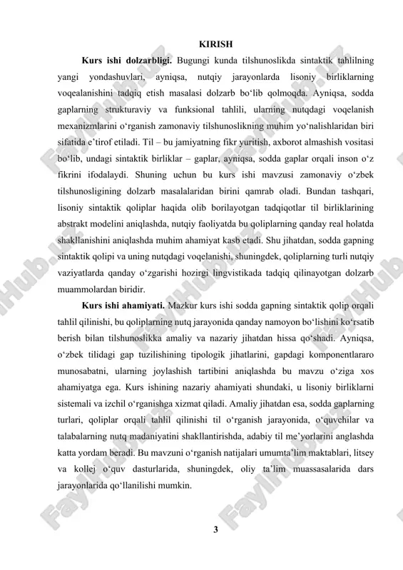 sintaktik qoliplar asosida tuzilishini va bu qoliplarning nutqiy voqealanishini chuqur tahlil qilishdir. maqsadga erishish orqali gap modelining nazariy asoslari bilan birga, ularning real nutqdagi amaliy ifodasini ochib berish ko‘zda tutiladi. bundan tashqari, gapning mazmun va shakl jihatdan qanday o‘zgarishini, gap bo‘laklarining joylashuvi va ularning funksional vazifalarini aniqlash ham ushbu maqsad doirasiga kiradi. kurs ishi vazifalariga quydagilar kiradi. 1. o‘zbek tilshunosligida gap va gap modeliga oid nazariy qarashlarni tahlil qilish. 2. sodda gapning sintaktik tuzilishi va asosiy komponentlarini aniqlash. 3. lisoniy sintaktik qoliplar mohiyatini aniqlab berish. 4. umis va ahvo tushunchalari asosida sodda gaplarning nutqiy shakllanish mexanizmini ko‘rsatish. 5. real nutqiy vaziyatlarda sintaktik qoliplarning qanday o‘zgarishini tahlil qilish. 6. o‘zbek tili materiallari asosida sodda gaplarning tipik qoliplarini ajratib ko‘rsatish. i bob. gap haiqda nazariyalar 1.1. sintaksisda umis va ahvo ning voqelanishi tilshunoslikda umis (umumiy mantiqiy ifoda shakli) va ahvo (ayrim holatdagi voqelik) tushunchalari til birliklarining lisoniy va nutqiy sathlarini ajratishda muhim …