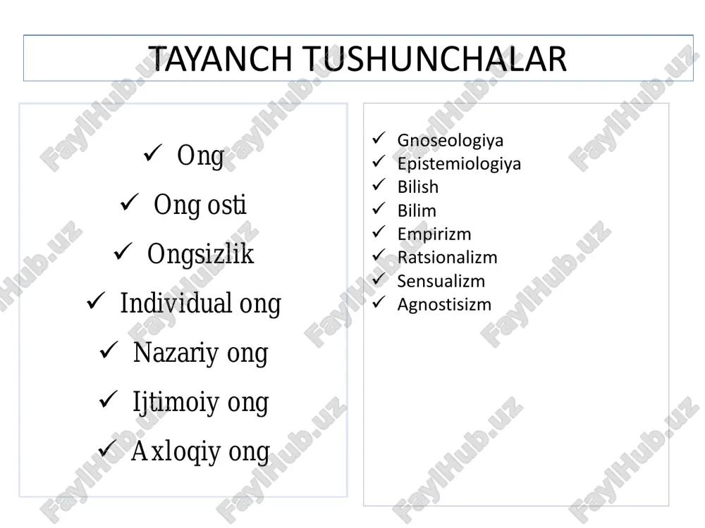 inson o`z ongi bilan olam va uning rivojlanishi qonunlarini bila oladi. bilish qadimgi hind falsafasi gnoseologiyasi xususiyati hindiston gnoseologiyasining asosiy xususiyati – predmet va hodisalarning tashqi xususiyatlarini emas, balki ongda bo`layotgan jarayonlarni predmet va hodisalar olami bilan birgalikda o`rganishdadir. falsafa tarixida bilish masalalari demokrit gnoseologiyasi demokrit bilish nazariyasidan bilishni ikkiga: haqiqiy va nohaqiqyga bo`ladi. haqiqiy bilish- bevosita sezgi a`zolar orqali bevosita olingan bilimlar; nohaqiqiy bilish- rang, maza, hid, issiq, sovuq kabilar http://upload.wikimedia.org/wikipedia/commons/0/09/democrituslaughing.jpeg platon gnoseologiyasi modomiki moddiy olam “g`oya”lar olamining in`ikosi bo`lar ekan, unda bilish predmeti eng avvalo sof g`oya bo`lishi kerak; «sof g`oya»ni faqat aql yordamida olish, ma`naviy faoliyat natijasida bilish mumkin; oliy ma`naviy faoliyat bilan faqat ma`lumotli intellektuallar, faylasuflar shug`ullanishi mumkin, demak faqat ulargina “sof g`oya”ni ko`rishi va naglashi mumkin. “sof g`oya”ni hissiy qabullash orqali bilish mumkin emas (bu turdagi bilish bizga xaqiqiy bilimni emas, balki faqat fikrni berishi mumkin); arastu - (eramizdan oldingi 384-322) buyuk yunon faylasufi.  …