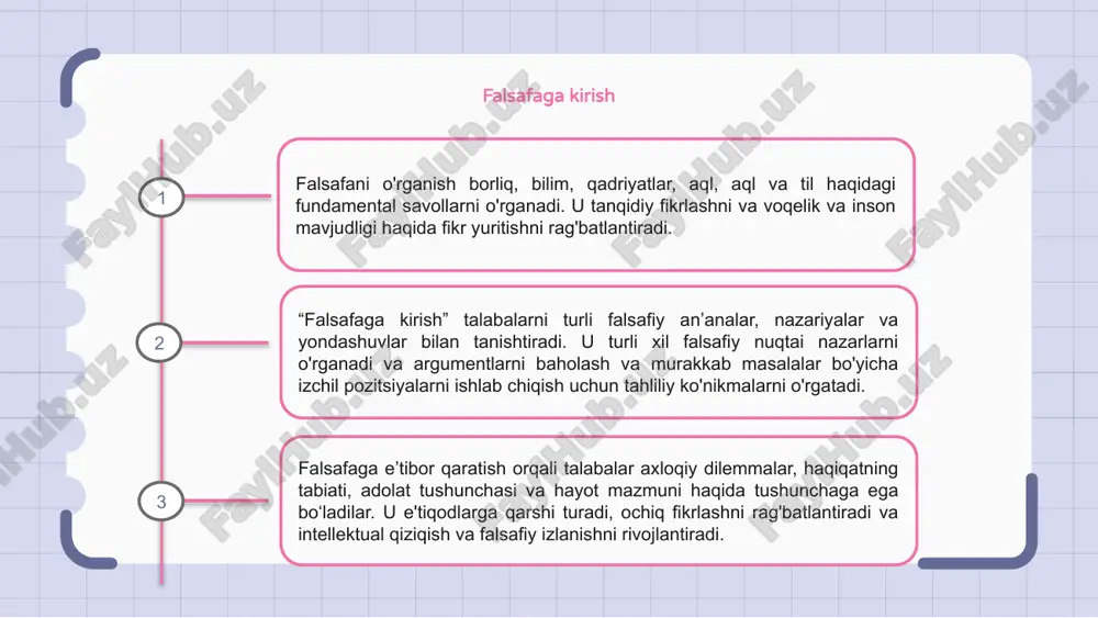 i status-kvoga shubha qilishga va o'z qadriyatlari va e'tiqodlarini yaratishga undaydi. din falsafasi: munozaralar va munozaralar “falsafaga e’tibor – din falsafasi: munozaralar va munozaralar” slaydlari dinga oid falsafiy izlanishlarning murakkab va o‘ylantiruvchi sohasini ochib beradi. din falsafasi atrofidagi turli nuqtai nazarlar, munozaralar va munozaralarni o'rganib, ushbu slayd ushbu sohada davom etayotgan muloqotlar haqida to'liq ma'lumot berishga qaratilgan. yuqori kuchning mavjudligi haqidagi dalillardan tortib diniy e'tiqodlarni tanqid qilishgacha, bu slayd din falsafasidagi turli nuqtai nazarlar haqida ogohlantiruvchi tushuncha beradi. tarix davomida mashhur faylasuflar falsafa insoniyat sivilizatsiyasini shakllantiruvchi harakatlantiruvchi kuch bo‘lgan. sokrat va platon kabi qadimgi yunon mutafakkirlaridan tortib nitsshe va kant kabi zamonaviy faylasuflargacha har biri o‘ziga xos g‘oyalarni o‘z hissasini qo‘shgan. bu mutafakkirlar voqelik, axloq, siyosat va inson ongining tabiatini tadqiq qildilar. ularning g'oyalari falsafiy tadqiqotning muhimligini ta'kidlab, psixologiya, adabiyot va ijtimoiy fanlar kabi fanlarga ta'sir qilishda davom etmoqda. mashhur faylasuflar ijodini o‘rganish orqali biz turli dunyoqarash va tafakkur tarzi …