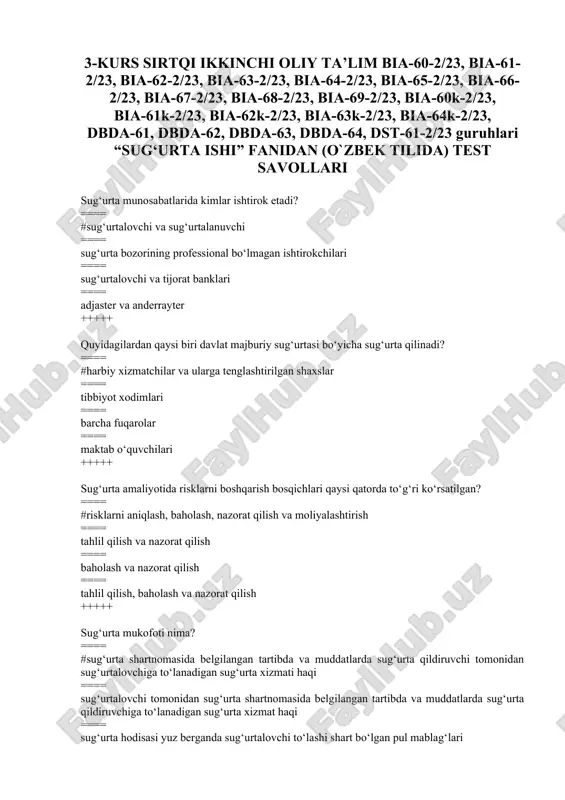 oshirish bilan bog‘liq faoliyati ==== sug‘urta shartnomasini tuzishda tomonlarning kelishuvi bilan belgilanadigan sug‘urtaga berilgan mol-mulkning qiymati ==== sug‘urta shartnomasida nazarda tutilgan sug‘urta hodisasi yuz berganda sug‘urta qildiruvchiga, sug‘urtalangan shaxsga (naf oluvchiga) sug‘urta shartnomasi doirasida to‘langan pul summasi +++++ o‘zbekistonda sug‘urta faoliyatini amalga oshirish uchun litsenziya kerakmi? ==== #litsenziya kerak ==== litsenziya talab qilinmaydi ==== faqat majburiy sug‘urta uchun talab qilinadi ==== faqat umumiy sug‘urta uchun talab qilinadi +++++ franshiza nima? ==== #sug‘urta shartnomasi bo‘yicha sug‘urtalovchi tomonidan qoplanmaydigan sug‘urta qildiruvchi zararlarining bir qismi ==== boshqa sug‘urtalovchi bilan tuzilgan qayta sug‘urta qilish shartnomasiga muvofiq sug‘urta tovonini to‘lash uchun sug‘urta shartnomasi bo‘yicha qabul qilingan riskni sug‘urtalovchi tomonidan to‘liq yoki qisman sug‘urta qilish ==== sug‘urta risklarini boshqa sug‘urta tashkilotidan qayta sug‘urtalash uchun qabul qiladigan sug‘urta yoki qayta sug‘urtalash tashkiloti ==== sug‘urtalovchi sug‘urta shartnomasi bo‘yicha o‘z majburiyatlarining to‘liq yoki bir qismini qayta sug‘urtalovchiga o‘tkazishni nazarda tutuvchi shartnoma +++++ yangi tahrirdagi sug'urta faoliyatini tartibga soluvchi maxsus …
