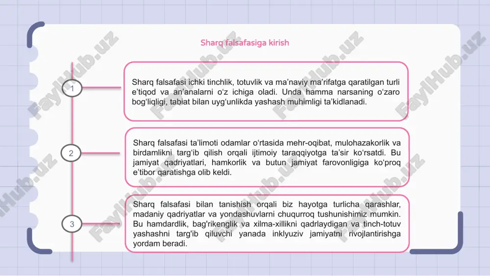 shda ijodkorlikni ilhomlantiradi. ehtiyotkorlik, rahm-shafqat va ikkilanmaslik kabi sharq falsafiy tushunchalarini qo'llash orqali ijtimoiy innovatorlar o'zlarining ichki donoligi bilan bog'lanishlari va barqaror echimlarni yaratishlari mumkin. oxir oqibat, sharq falsafasi hamkorlik, hamdardlik va tabiatga hurmatni rag‘batlantirish orqali jamiyat taraqqiyotida hal qiluvchi rol o‘ynaydi. bu yanada barqaror va uyg'un turmush tarziga o'tishni rag'batlantiradi. 1 2 3 sharq falsafasini zamonaviy jamiyatlarga singdirishdagi muammolar sharq falsafasi uyg'unlik, muvozanat va o'zaro bog'liqlikni ta'kidlaydi. bu odamlarda ma'naviy o'sishni, rahm-shafqatni va ongni rivojlantirishga yordam beradi, sog'lom jamoalar va jamiyatlarni rivojlantiradi. biroq, sharq falsafasini zamonaviy jamiyatlarga kiritish qiyinchiliklarni keltirib chiqaradi. g'arb qadriyatlari va materializmi sharqona soddalik, bog'lanmaslik va hozirgi paytda yashash tamoyillari bilan to'qnash kelishi mumkin. sharq falsafasini muvaffaqiyatli integratsiya qilish uchun shaxslar va jamiyatlar o‘z ongini turli nuqtai nazarlarga ochishlari, madaniy to‘siqlardan oshib o‘tishlari, sharqning donoligi va abadiy ta’limotlarini qabul qilishlari kerak. sharq falsafasining jamiyat shakllanishidagi kelajakdagi ta’siri sharq falsafasi jamiyatda empatiya va tushunishni rivojlantirish uchun shaxslarni …