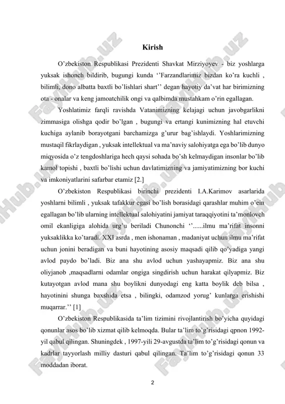 aktab kollej va litseylar qurildi. oliy ta’lim tizimini jahon tajribasi va iqtisodiyotimiz, jamiyatimiz, va davlatimizning barqaror o’sish talablaridan kelib chiqib qaytadan barpo etildi. ularning moddiy-texnik bazasi saboq berish standartlari butunlay yangilandi. [1.] prezidentimizning biologiya va tabiiy fanlarga oid qabu qilgan ayrim qarorlari ‘’2022-2026-yillarda yangi o’zbekiston taraqqiyot strategiyasi ‘’ bu farmon 2022-yil 28-yanvar da qabul qilingan. unda ta’lim sifatini oshirish , xususan tabiiy fanlat , jumladan biologiya bo’yicha ham zamonaviy dasturlar ishlab chiqishi belgilangan. ‘’o’zbekiston respublikasida maktab ta’limini 2030-yilgacha rivojlantirish konsepsiyasi’’ qaror 2019-yil 29-aprel da qabul qilingan. unda biologiya fani o’quv dasturlarini yangilash va labaratoriya jihizlari bilan ta’minlash vazifalari qo’yilgan.[2.] kurs ishining dolzarbligi. o‘simliklarning ekologik va evolyutsion xususiyatlarini o‘rganish, ayniqsa, gulqo‘rg‘onlarning tuzilishi va funksiyasi haqida ilmiy tadqiqotlar olib borish bugungi kunda ekologik muammolarni hal qilish va tabiiy resurslarni boshqarish borasida muhim ahamiyat kasb etadi. gulqo‘rg‘on o‘simliklarning hayotiy jarayonlarini ta’minlaydigan asosiy mexanizm bo‘lib, uning turli o‘simlik turlaridagi roli va changlanish jarayonlaridagi ishtiroki …