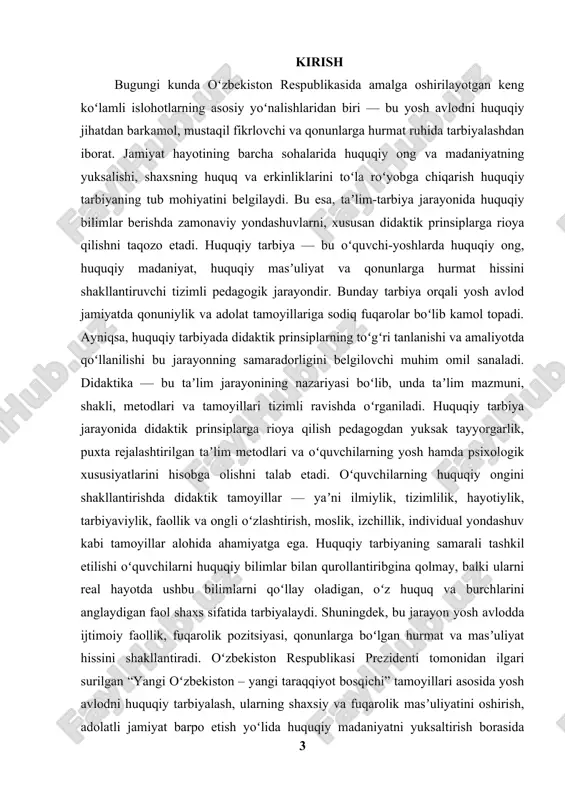 liy qoʻllanilishi oʻrganiladi. shuningdek, bu prinsiplarga asoslangan huquqiy tarbiya metodikasining oʻquvchilarga taʼsiri, ularning ongli va faol fuqarolar boʻlib shakllanishidagi roli tahlil qilinadi. mavzuning dolzarbligi: bugungi kunda yoshlar orasida qonunbuzarlik holatlarining oldini olish, ularni huquqiy jihatdan yetuk va ijtimoiy faol shaxs sifatida tarbiyalash jamiyatning eng dolzarb vazifalaridan biridir. huquqiy tarbiya jarayonida didaktik prinsiplarni chuqur oʻrganish, ularni amaliyotda toʻgʻri qoʻllash orqali taʼlim sifatini oshirish va huquqiy ongli avlodni tarbiyalashga erishish mumkin. shu bois mazkur mavzu bugungi kun taʼlim tizimi uchun ham, jamiyat rivoji uchun ham alohida ahamiyat kasb etadi. kurs ishining maqsadi — huquqiy tarbiyada didaktik prinsiplarga rioya qilishning ilmiy-nazariy asoslarini oʻrganish, ularning taʼlim jarayonidagi ahamiyatini ochib berish va amaliyotda qoʻllash boʻyicha takliflar ishlab chiqish. kurs ishining vazifalari: 1. huquqiy tarbiya tushunchasi va uning mohiyatini yoritish; 2. didaktik prinsiplarning huquqiy tarbiya jarayonidagi oʻrnini aniqlash; 3. huquqiy tarbiya uslubiyatida asosiy didaktik prinsiplarning qoʻllanish holatini tahlil qilish; 4. amaliy tajriba va ilgʻor metodikalardan misollar …