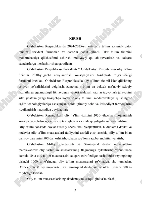 riy etidi, bu esa abituriyentlar uchun adolatli va shaffof tanlov imkoniyatini yaratdi.oliy ta’lim ta’lim tashkilotlari bitiruvchilari malakasini oshirish va ularni mehnat bozoriga tayyorlash bo’yicha chora-tadbirlar belgilandi.davlay grantlari iqtidorli talabalar va ijtimoiy himoyaga muhtoj yoshlar orasida taqsimlash tizimi takomillashtirildi .bu orqali grantlar yanada samarali va maqsadli yo’naltirilmoqda. to’lov kontrakt asosida o’qiyotgan talaba va o’quvchilar uchun ta’lim kreditlari ajratish tartibi takomillashtirildi. endilikda faqat kunduzgi ta’lim shaklida o’qiyotganlarga kreditlar ajratiladi. oliy ta’lim, fan va innovatsiyalar vazirligining maqomi, vazifalari va funksiyalari qayta belgilandi. bu vazirlikning faoliyatini yanada samarali tashkil etishga qaratilgan. kurs ishining dolzarbligi. o'zbekiston respublikasi "qizil kitobi" mamlakatimizda yo'qolib borayotgan va xavf ostida qolgan o'simlik va hayvon turlarini himoya qilish maqsadida tuzilgan muhim hujjatdir. ushbu kitobda keltirilgan o'simliklar nafaqat biologik xilma-xillikni saqlash, balki ekologik muvozanatni ta'minlashda ham muhim ahamiyatga ega. o'zbekistonning tabiiy sharoitlari va iqlimi o'simliklarning turli xil turlarini rivojlanishiga imkon beradi, ammo inson faoliyati, iqlim o'zgarishi va boshqa omillar natijasida ko'plab o'simlik …