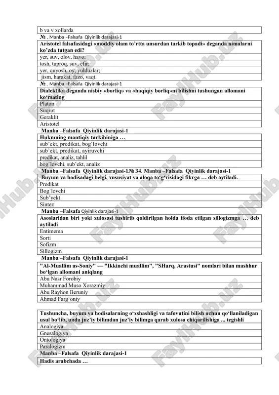 eb aytiladi entimema sorti sofizm sillogizm manba –falsafa qiyinlik darajasi-1 "al-muallim as-soniy" — "ikkinchi muallim", "sharq, arastusi" nomlari bilan mashhur bo‘lgan allomani aniqlang abu nasr forobiy muhammad muso xorazmiy abu rayhon beruniy ahmad farg‘oniy tushuncha, buyum va hodisalarning o‘xshashligi va tafovutini bilish uchun qo‘llaniladigan usul bo‘lib, unda juz’iy bilimdan juz’iy bilimga qarab xulosa chiqarilishiga ... tegishli analogiya gnesalogiya ontologiya paralogizm manba –falsafa qiyinlik darajasi-1 hadis arabchada … xabar sunnat odat axloq borliq haqidagi ta'limot bu ... ontologiya gnesologiya aksiologiya substansiya № manba falsafa. qiyinlik darajasi borliq shakillari tabiy, inson, ma’naviy borliq mega dunyo, inson, tabiy borliq tabiy, mikro dunyo, inson borlig`i makrodunyo, inson, tabir borliq materiyaning necha ko`rinishi mavjud? 2 4 3 5 gegel fikricha, mantiq nechta qismga bo‘linadi? 3 ta 2 ta 4 ta 8 ta № 91 manba falsafa. qiyinlik darajasi «haqiqat – bir marta va bir umrga berilgan mutlaqo to‘g‘ri javob emas, balki jarayondir» kimning fikri? gegel …