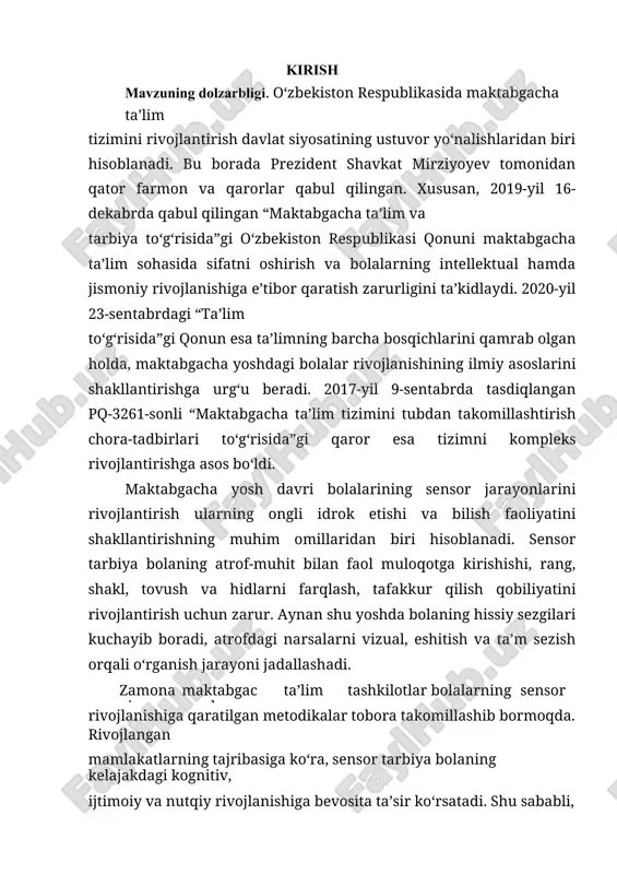 a sensor jarayonlarning rivojlanish bosqichlarini tahlil qilish. 2.sensor tarbiya shakllanishiga ta’sir etuvchi omillarni o‘rganish va baholash. 3.maktabgacha ta’lim tashkilotlarida sensor tarbiyani shakllantirish metodlarini o‘rganish. 4.sensor rivojlanishni yaxshilash bo‘yicha ilmiy-metodik tavsiyalar ishlab chiqish. kurs ishining o‘rganilganlik darajasi:maktabgacha yoshdagi bolalarning sensor rivojlanishi pedagogika, psixologiya, fiziologiya va neyropsixologiya fanlari doirasida keng o‘rganilgan ilmiy yo‘nalishlardan biridir. sensor jarayonlarning shakllanishi va bolalarning idrok qilish qobiliyatini rivojlantirish masalasi uzoq yillar davomida turli ilmiy maktablar va mutaxassislar tomonidan o‘rganib kelinmoqda. bu boradagi ilk nazariy qarashlar psixologiyada asos solingan bo‘lib, taniqli rus olimi l. s. vygotskiy sensor idrok va tafakkur shakllanishining ijtimoiy- madaniy xususiyatlarini o‘rganib chiqqan. uning ilmiy qarashlariga ko‘ra, bola sensor idrok qilish qobiliyatini avval tashqi muhit ta’sirida rivojlantiradi, keyinchalik esa mustaqil bilish jarayonlariga asos soladi. bundan tashqari, a. n. leontev sensor jarayonlarning funksional tuzilishini o‘rganib, bolaning psixikasi va sensor idroki bevosita harakat faoliyati bilan bog‘liq ekanligini ta’kidlagan. uning fikricha, bola sezgilari orqali olgan axborotni amaliy harakat …