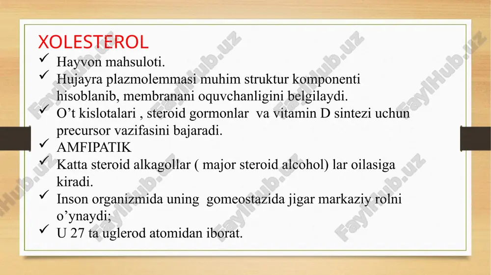 ida erkin holda yoki o’t kislota va tuzlari tarkibida steroid yadro holida chiqariladi. e’tiboringiz uchun rahmat image5.png image6.png image7.png image8.png image9.png image10.jpeg image11.jpeg image12.png image3.png image4.png /docprops/thumbnail.jpeg