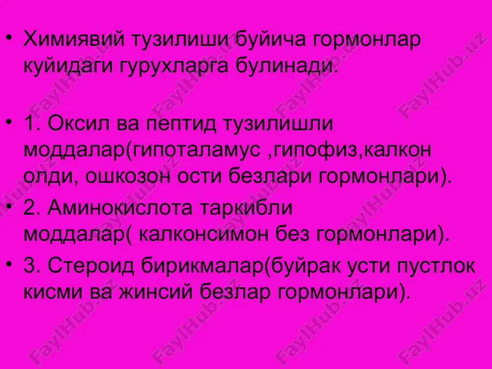 инг ошиши тромбоэмболия -кусиш,ич кетиш -эркакларда феминизация антиэстероген препаратлар -кломифенцитрат -тамоксифен -торимефен кулланилиши -бепуштликда аелларда -сут бези ракида гестоген ва антигестоген препаратлар -прогестерон -прегнин контрацептив препаратлар улар факатгина хомиладорликнинг олдини олиш учунгина эмас балки хомиладор булиш учун хам ишлатилади. контрацептив моддалар иккига булинади: -комбинирланган эстроген-гестроген препаратлар. -микродоза сакловчи гестоген препаратлар. комбинирланган контрацептив препаратлар: -микрогенон -ригевидин нохуш таьсирлари -кон ивишининг ошиши -жигар фукц.бузилиши -глюкоза микдорининг камаииши -бош огриши,кусиш -тана массасининг ошиши куллаб булмайдиган холатлар: -тромбоэмболияларда -усма касаллигида -кандли диабетда -психозларда кулланилиши -менст.цикл бузилганда -эндометриозда нохуш таьсирлари: -бош оғриши -депрессия эркаклар жинсий гормонлари -тестостерон(лейдиг хужайраларида) функцияси: -жинсий органлар етилиши -иккиламчи белгиларнинг паидо булиши -реарбсорбцияни буиракларда кучаитиради -оксил синтези препаратлари: -тэстэнант -метилтестостерон кулланиши -эркаклар жинсии безлари фукц.бузилганда -аёллар сут бези ва тухумдон ракларида нохуш таьсирлари: -аёлларда эркакларга хос белгиларнинг пайдо булиши, -сариклик чакириши антогонистлари -гонадорелин -кетоканалозол -финастерид финастерид: -простата бези хужайраларидаги дигидро тестостеронни камайтиради -плазмадаги концентрацияни хам камаитиради кулланилиши: -простата бези гиперплазиясида