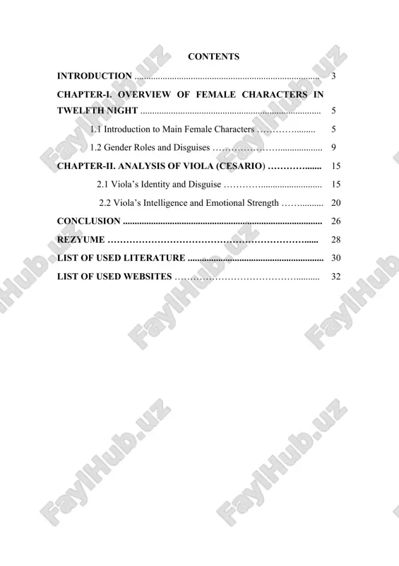 used literature. the introduction outlines the importance of the topic and the goals of the study. the first chapter provides a general overview of female characters in the play and historical background. the second chapter offers a detailed analysis of the individual characters—viola, olivia, and maria. the conclusion summarizes the main findings and reflects on the broader implications of the research. chapter-i. overview of female characters in twelfth night 1.1. introduction to main female characters in twelfth night, william shakespeare presents a variety of strong and memorable female characters who play key roles in both the plot and the themes of the play. the most prominent among them is viola, the protagonist, who disguises herself as a man named cesario, creating the foundation for much of the play’s dramatic irony and comic misunderstandings. another important character is olivia, a wealthy noblewoman mourning her brother’s death, who becomes romantically involved with …
