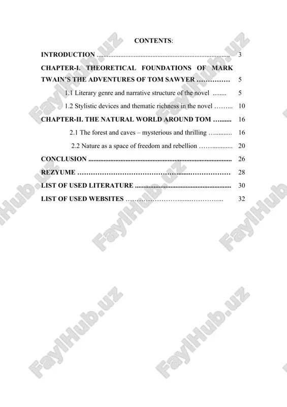 f the paper consists of the following parts: · introduction – presents the purpose, topicality, and structure of the research. · chapter one – focuses on the general setting of the novel and the significance of the village and river. · chapter two – analyzes specific landscapes such as the forest, caves, and island, and their thematic meanings. · conclusion – summarizes the main findings and suggests further areas for research. · list of used literature – provides a bibliography of primary and secondary sources used in the paper. chapter-i. theoretical foundations of mark twain’s the adventures of tom sawyer 1.1. literary genre and narrative structure of the novel the adventures of tom sawyer is a multifaceted work that blends several literary genres, making it both rich and complex in its narrative construction. at its core, the novel is often categorized as a bildungsroman, a coming-of-age story that traces the …