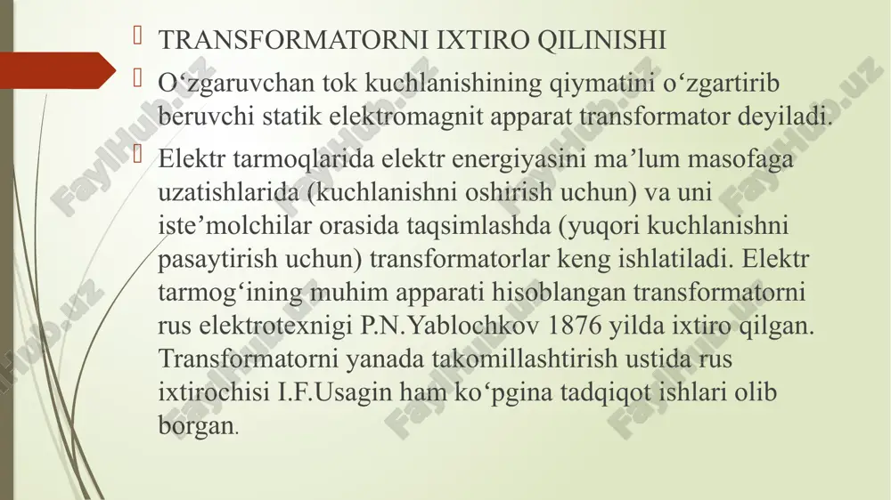 alarini katta qilib olishga toʻgʻri keladi. quvvat isrofini kamaytirish uchun simlarning aktiv qarshiligini kamaytirish lozim. maʼlum uzunlikdagi simning aktiv qarshiligi, asosan, uning koʻndalang kesim yuzini kattalashtirish yoʻli bilan kamaytirish mumkin. image1.png image2.png image3.png image4.png /docprops/thumbnail.jpeg