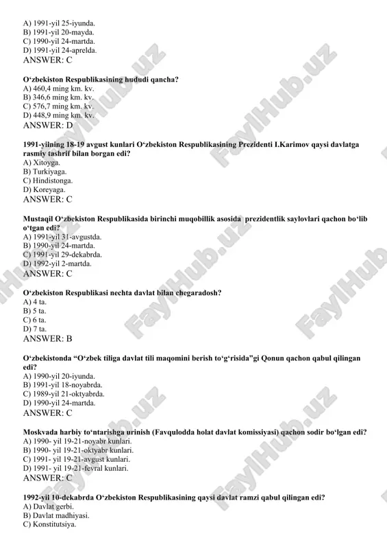 edi? a) 1990- yil 19-21-noyabr kunlari. b) 1990- yil 19-21-oktyabr kunlari. c) 1991- yil 19-21-avgust kunlari. d) 1991- yil 19-21-fevral kunlari. answer: c 1992-yil 10-dekabrda o‘zbekiston respublikasining qaysi davlat ramzi qabul qilingan edi? a) davlat gerbi. b) davlat madhiyasi. c) konstitutsiya. d) davlat bayrog’i. answer: b davlat va jamiyat hayotining eng muhim masalalari xalq muhokamasiga qo‘yilishi qanday ataladi? a) umumxalq saylovi. b) ombudsman. c) muqobil saylov. d) referendum. answer: d 1991- yil 18-noyabrda o‘zbekiston respublikasining qaysi davlat ramzi qabul qilingan edi? a) davlat gerbi. b) davlat madhiyasi. c) konstitutsiya. d) davlat bayrog‘i. answer: d o‘zbekiston respublikasining milliy valyutasi – «so‘m» qachondan muomalaga kiritilgan? a) 1991-yil 18-noyabrdan. b) 1992-yil 8-dekabrdan. c) 1994-yil 1-iyuldan. d) 1992-yil 2-iyuldan. answer: c 1992-yil 8-dekabrda o‘zbekiston respublikasining qaysi davlat ramzi qabul qilingan edi? a) davlat gerbi. b) davlat madhiyasi. c) konstitutsiya. d) davlat bayrog‘i. answer: c o‘zbekiston respublikasining 1992-yildagi konstitutsiyasi …bo‘lim, … bob, … moddadan iborat. …