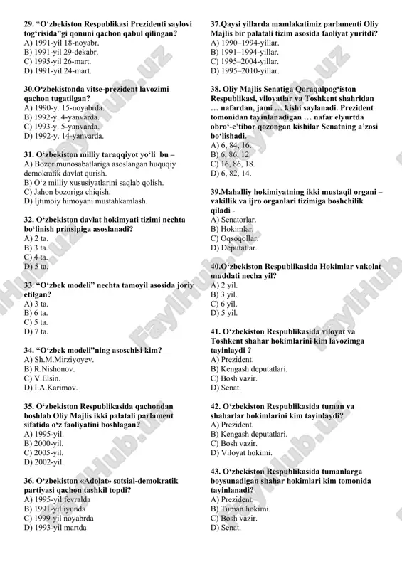 -21-fevral kunlari. 22. 1992-yil 10-dekabrda o‘zbekiston respublikasining qaysi davlat ramzi qabul qilingan edi? a) davlat gerbi. b) davlat madhiyasi. c) konstitutsiya. d) davlat bayrog’i. 23. davlat va jamiyat hayotining eng muhim masalalari xalq muhokamasiga qo‘yilishi qanday ataladi? a) umumxalq saylovi. b) ombudsman. c) muqobil saylov. d) referendum. 24. 1991- yil 18-noyabrda o‘zbekiston respublikasining qaysi davlat ramzi qabul qilingan edi? a) davlat gerbi. b) davlat madhiyasi. c) konstitutsiya. d) davlat bayrog‘i. 25. o‘zbekiston respublikasining milliy valyutasi – «so‘m» qachondan muomalaga kiritilgan? a) 1991-yil 18-noyabrdan. b) 1992-yil 8-dekabrdan. c) 1994-yil 1-iyuldan. d) 1992-yil 2-iyuldan. 26. 1992-yil 8-dekabrda o‘zbekiston respublikasining qaysi davlat ramzi qabul qilingan edi? a) davlat gerbi. b) davlat madhiyasi. c) konstitutsiya. d) davlat bayrog‘i. 27. o‘zbekiston respublikasi konstitutsiyasi …bo‘lim, … bob, … moddadan iborat. a) 5 bo‘lim, 24 bob, 128 moddadan iborat. b) 6 bo‘lim, 25 bob, 126 moddadan iborat. c) 5 bo‘lim, 26 bob, 138 moddadan iborat. d) 6 …