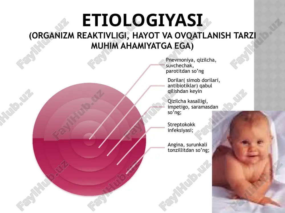 yuzaga kelishi eritrotsituriya keskin oshishi immun ko’rsatkichlar o’zgarishi remissiy a proteinuriya erit.uriya kamay.i ab me’yorga kelishi qonda anemiya echt oshishi biokimyoviy kreatin siydik kis.a oshishi gipoproteinemiya gipoalbuminemiya giperxoleste.ya siydikda proteinuriya go’sht yuvindi silindr gialin donodor erit.r epithelial huj.a osh tuz suv oqsil parxez asosiy prednizalon geparin diuretik furasemid uregit pielonefrit – buyrakning interstitsial to’qimasi, buyrak jomi va kosachalarining nospesifik infeksion yallig’lanish kasalligidir. infeksiyalar: -e. coli (75%) -proteus mirabilis -enterococcus -enterobacterius -candida klabsiella -staphylococcus aureus (yiringli) etiologiyasi infeksiya buyrak jomi va kosachalariga quyidagi yo’llar orqali kiradi: 1. gematogen 2. limfogen 3. urogen buyrak gemadinamikasini buzilishi hamda renin sekretsiyasining ortishiga olib keladi. patogenezi -serozli, yiringli, yiringli mezanximal reaksiyalar -o’choqli infeksion yallig’lanish jarayonlari -limfogistotsitar infiltratsiya -buyrak bujmayib o’lchami kichrayadi patomorfologiyasi lokalizatsiyasiga ko’ra: - bir tomonlama - ikki tomonlama klinik kechishiga ko’ra: - o’tkir - surunkali formasiga ko’ra: - obstruktiv - noobstruktiv tasniflanishi: o’tkir piyelonefrit umumiy simptomlar: -intoksikatsiya belgilari mahalliy simptomlar: -bel sohasida og’riq …