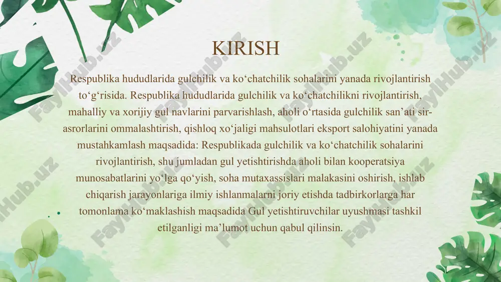 oisdan, gullar va ularning ko‘chatlarini yetishtirishda ilmiy asoslangan, zamonaviy va resurslarni tejovchi texnologiyalarni joriy etish dolzarb ahamiyat kasb etadi. mahalliy tabiiy-iqlim sharoitlariga moslashtirilgan gullarning zamonaviy issiqxonalarini yaratish ilmiy asoslangan usullar deganda, gullarning biologik xususiyatlariga asoslangan holda ularni o‘stirish, parvarishlash va ko‘paytirish texnologiyalari tushuniladi. har bir gul turi turli agroklimatik sharoitlarga nisbatan o‘ziga xos talablarga ega. masalan, rayhon gullari iliq va yorug‘likni sevuvchi bo‘lsa, atirgullar uchun o‘rtacha namlik va mo‘tadil harorat talab etiladi. shuning uchun yetishtirishda seleksiya, fenologik kuzatuvlar, laboratoriya tahlillari va agrobiologik usullarga asoslangan yondashuv muhimdir. resurslarni tejovchi texnologiyalar esa bugungi kunda eng ko‘p e’tibor qaratilayotgan yo‘nalishlardan biridir. ularga quyidagilar kiradi: · tomchilatib sug‘orish: bu usul orqali har bir o‘simlikning ildiz qismiga to‘g‘ridan-to‘g‘ri suv yetkaziladi, natijada suv sarfi 40–60% gacha kamayadi. shu bilan birga, o‘simlikning sog‘lom o‘sishi uchun optimal namlik darajasi saqlanadi. · energiya tejamkor isitish tizimlari: issiqxonalarda quyosh energiyasi asosida ishlaydigan kollektorlar, geotermal isitish tizimlari yoki zamonaviy gaz generatorlari …