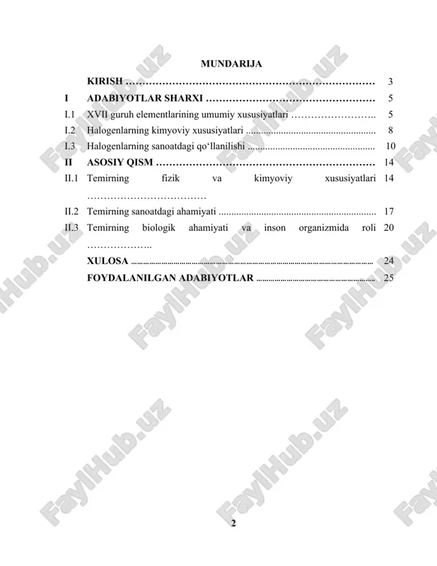 a ega bo‘lgan kimyoviy elementlardir. bu guruhga ftor (f), xlor (cl), brom (br), iyod (i) va astat (at) kiradi. halogenlar juda faol bo‘lib, ko‘plab birikmalar hosil qiladi va odatda o‘zlarining yuqori oksidlanish darajalari (odatda -1) bilan tanilgan. quyida halogenlarning umumiy xususiyatlari keltirilgan: halogenlarning atom tuzilishi har biri uchun o‘ziga xosdir, ammo barchasi oktet qoidaga amal qilishga intiladi, ya’ni elektron konfiguratsiyasida oxirgi qatlamda 7 ta elektron mavjud. shuning uchun ular o‘zlarining elektronlarini boshqa elementlarga berish orqali birikmalar hosil qilishga moyil. masalan, xlor atomining elektron konfiguratsiyasi [ne]3s²3p⁵ bo‘lib, u bir elektronni qabul qilib, xlorion (cl⁻) hosil qiladi.[footnoteref:1] [1: boborayev, r. noorganik kimyo asoslari. toshkent: o‘zbekiston milliy universiteti nashriyoti, 2020] halogenlar o‘zlarining yuqori reaktivligi bilan ajralib turadi. ular odatda metallar bilan tuzlar hosil qiladi. misol uchun, xlor natriy bilan reaksiyaga kirishib, natriy xlorid (nacl) hosil qiladi: 2nacl bundan tashqari, halogenlar organik va anorganik birikmalarni hosil qilishda ham katta rol o‘ynaydi. halogenlar kislotalar hosil …