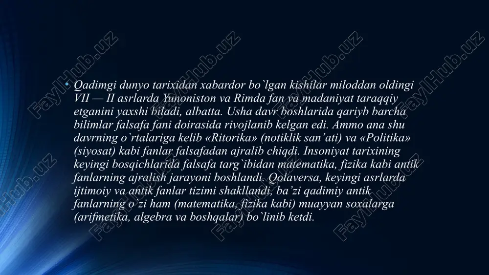 ilishdir. dunyokarashning tarixiylik tamoyili. dunyokarash muayyan davrda shakllanadi. shu ma’noda, xar kanday dunyokarash ijtimoiy-tarixiy moxiyatga ega bulib, kishilarning umri, amaliy faoliyati, xayoti, tabiatga ta’siri va mexnati jarayonida vujudga keladi. xar bir davrda ijtimoiy gurux, jamiyat va avlodning uz dunyokarashi mavjudligi xam bu tushunchaning tarixiy moxiyatga ega ekanini kursatadi. dunyokarashning tarixiyligi yana shundaki, u ma’lum dialektik jarayonda takomillashib boradi. uning shakllari uzgaradi, tarixiy kurinishlari muttasil yangilanib turadi. ma’lumki, insoniyat tarakkiyotining ilk boskichlarida dunyokarash nixoyatda oddiy bulgan. agar shunday bulmaganida, xar kanday jism uz xajmiga teng suyuklik mikdorini sikib chikarish xossasiga ega ekanini kashf etgan kadimgi zamonning buyuk olimi arximed xammomdan yalonkoch xolda chikib, «evrika!», ya’ni «topdim!», deya kichkirmagan bular edi. monizm (qadimgi yunoncha: μόνος — monas — yakka, yagona) — dunyodagi turli hodisalar negizida bitta ibtido, yagona substansiya yotadi deb hisoblaydigan taʼlimot. m. dualizm va plyuralizmning aksi. falsafa tarixida materialistik va idealistik m. mavjud boʻlgan. materializm (lot. materialis — moddiy) — …