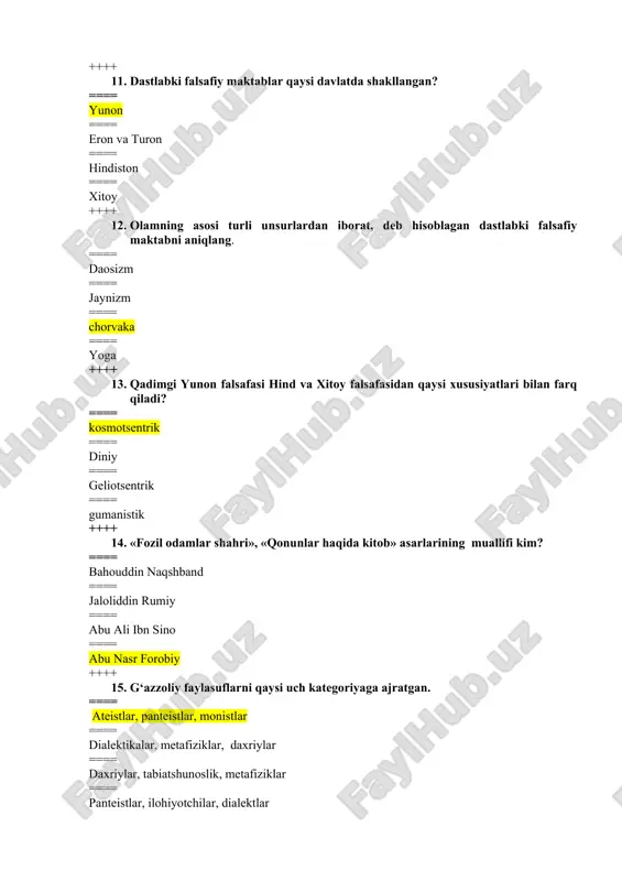 degan hikmatli so‘z qaysi faylasuf tomonidan aytilgan? ==== suqrot ==== aflotun ==== arastu ==== forobiy 22. sensualizm vakillari to‘g‘ri ko‘rsatilgan javobni belgilang? ==== forobiy, nitsshe, fukuyama, lao szi ==== ibn sino, kant, gegel, konfusiy ==== yum, j.berkli, f.nitsshe, z.freyd ==== f.akvinskiy, n.kuzanskiy, a.avgustin ++++ 23. «dixotomiya», «axill», «stadiy» kabi mashhur aporiyalar muallifi kim? ==== geraklit ==== protagor ==== zenon ==== parmenid ++++ 24. geografik determinizm oqimining asoschisi? ==== j.j.russo ==== sh.l.monteske ==== dj.berkli ==== i.kant ++++ 25. qaysi davrda tabiatga go‘zallik va ilhom manbai deb qarashga asoslangan yangicha munosabat yuzaga keldi? ==== uyg‘onish davri ==== antik davr ==== yangi davr ==== eng yangi davr ++++ 26. jon haqidagi ta’limotni birinchi bo‘lib kim yaratgan? aristotel ==== forobiy ==== platon ==== kant ++++ 27. qaysi faylasuflar moddiy va ideal hodisalarni farqlagan? ==== suqrot va platon ==== suqrot va protogor ==== platon va protogor ==== geraklit va suqrot ++++ 28. qaysi faylasuf ruhiy …