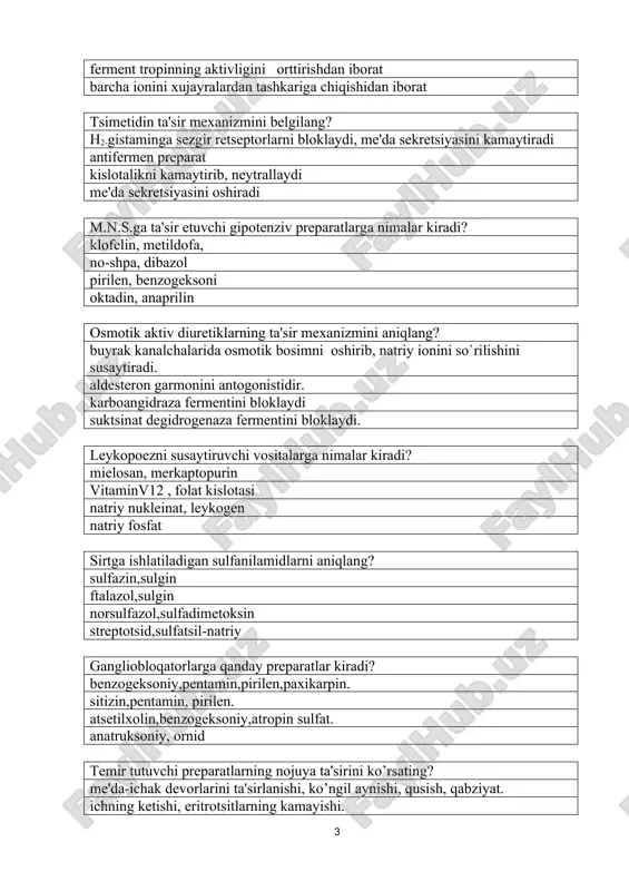 xikarpin. sitizin,pentamin, pirilen. atsetilxolin,benzogeksoniy,atropin sulfat. anatruksoniy, ornid temir tutuvchi preparatlarning nojuya ta'sirini ko’rsating? me'da-ichak devorlarini ta'sirlanishi, ko’ngil aynishi, qusish, qabziyat. ichning ketishi, eritrotsitlarning kamayishi. qizil qon tanachalarining ortishi,leykopeniya. qon manzarasining o`zgarishi kaliyni saqlab qoluvchi diuretik preparatlarni belgilang? spiranolakton,triamteren. diakarb, dixlotiazid. furosemid, temisal. mannit, mochevina. me'da-ichak bo`shlig`ida ta'sir etadigan sulfanilamidlar​ni belgilang? norsulfazol, sulfadimetoksin. ftalazol, sulgin streptotsid, sulfadimezin, etazol. sulfatsil natriy, sulfazil, sulfapiridoksin gangliobloqatorlar ishlatilishini belgilang? gipertoniya, obliteratsiyalovchi endoarteriitda, yurak-qon tomirlari operatsiyalarida, me'da ichak yara ka​salliklarida gipotoniyada,yurak kasaligida,xirurgik operatsiya vaq​tida. shok xolatida, trombozlarda. trombozlarda, gipotoniyada. ishtaxani reflektor ochuvchilarni sanang? shuvoq, erman, achchiq bodom nastoykasi atsedin-pepsin, atropin, kofein gistamin, almagel alyuminiy gidrooksidi, magniy oksidi oksitotsin xomilador bachadonni qisqarishiga qanday ta'​sir qiladi? bachadon ritmik qisqarishini kuchaytiradi bachadon ritmik qisqarishlarini susaytiradi bachadonga ta'sir qilmaydi spastik qisqarishini kuchaytiradi ishtaxani reflektor ochuvchilarni farmakologik ta'sirini belgilang? og’iz bo`shligidagi ta'm bilish retseptorlarini qo’zg`atadi to’g’ridan-to’g’ri ochlik markazini qo’zg`atadi reflektor yol bilan ochlik markazini qo’zg`atadi etishmagan me'da shirasini o`rnini to`ldiradi dezinfektsiyalovchi …