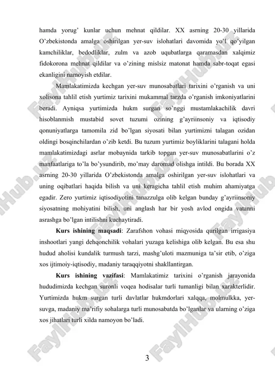da bilish va uni keragicha tahlil etish muhim ahamiyatga egadir. zero yurtimiz iqtisodiyotini tanazzulga olib kelgan bunday g’ayriinsoniy siyosatning mohiyatini bilish, uni anglash har bir yosh avlod ongida vatanni asrashga bo’lgan intilishni kuchaytiradi. kurs ishining maqsadi: zarafshon vohasi miqyosida qurilgan irrigasiya inshootlari yangi dehqonchilik vohalari yuzaga kelishiga olib kelgan. bu esa shu hudud aholisi kundalik turmush tarzi, mashg’uloti mazmuniga ta’sir etib, o’ziga xos ijtimoiy-iqtisodiy, madaniy taraqqiyotni shakllantirgan. kurs ishining vazifasi: mamlakatimiz tarixini o’rganish jarayonida hududimizda kechgan suronli voqea hodisalar turli tumanligi bilan xarakterlidir. yurtimizda hukm surgan turli davlatlar hukmdorlari xalqqa, molmulkka, yer-suvga, madaniy ma’rifiy sohalarga turli munosabatda bo’lganlar va ularning o’ziga xos jihatlari turli xilda namoyon bo’ladi. i bob zarafon vohasida dehqonchilik madaniyatining taraqqiyoti 1.1 o’zbekistonda amalga oshirilgan yer-suv islohatlarining bosqichlari qadimdan zarafshon vohasida dehqonchilik va dasht jamoalari o’zaro madaniy aloqada bo’lib kelishganligi ular yaratgan moddiy madaniyatda namoyon bo’lgan. bu madaniy aloqalar keyingi tarixiy taraqqiyot bosqichlarida ham davom etgan. xususan, …