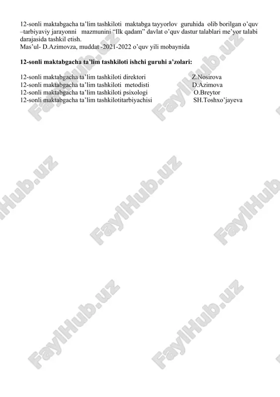 im tashkiloti maktabga tayyorlov guruhida guruhning sanitar-gigienik hamda moddiy-texnik bazasi. guruhda bolalarning individual ehtiyojlarini hisobga olgan holda ,har tomonlama va barkamol rivojlanishi uchun qulay shart-sharoitlar yaratilgan. zamonaviy mebel jixozlari bilan jixozlangan, bola soniga etarli.ovqalanishi uchun oshxona inventarlari mavjud bola soniga etarli. 5. 12-sonli maktabgacha ta’lim tashkiloti maktabga tayyorlov guruhida maktab ta’limiga tayyorlash bo’yicha olib borilgan o’quv –tarbiyaviy jarayonda pedagoglar bilan hamkorlik ishlarini mutanosibligi reja asosida olib borilgan. “men ham vatan himoyachisiman” tadbiri, guruhdagi ma’naviy tadbirlari , ma’naviy-ma’rifiy,vatanparvarlik tadbirlarida olib borilgan ishlarni mazmunini o’quv dastur talablariga mosligi, tadbir mazmunini “ilk qadam” davlat o’quv dastur talablariga mosligi mtt pedagoglari tomonidan kuzatildi. xulosa: 12-sonli maktabgacha ta’lim tashkiloti maktabga tayyorlov guruhida ma’naviy-ma’rifiy,vatanparvarlik bo’yicha olib borilgan o’quv –tarbiyaviy jarayonda , undagi mavzuni yoritishda ko’rgazmalilikni oshirishda qo’llanilmoqda. bu jarayon asosida bolalarda axborot –kommunikatsiya texnologilaridan foydalanish qoidalarini bilishga, to’g’ri hamda o’rnida foydalanish etiketini shakllantiradi. tavsiyalar: 12-sonli maktabgacha ta’lim tashkiloti maktabga tayyorlov guruhida undagi mavzuni yoritishda, ko’rgazmalilikni oshirishda …
