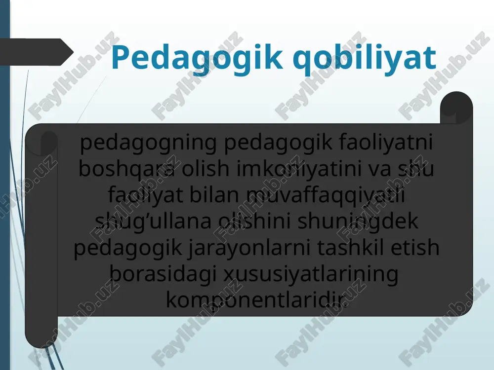 slik fanini mukammal bilishi, unga qiziqishi; - pedagogik taktga ega bo’lishi; - o’z kasbiga ijodiy yondashishi; - javobgarliki his etishi; - tarbiyaviy bilimlarni egallaganligi; image1.jpeg image2.jpeg image3.jpeg image4.jpeg image5.jpeg image6.jpeg image7.jpeg /docprops/thumbnail.jpeg