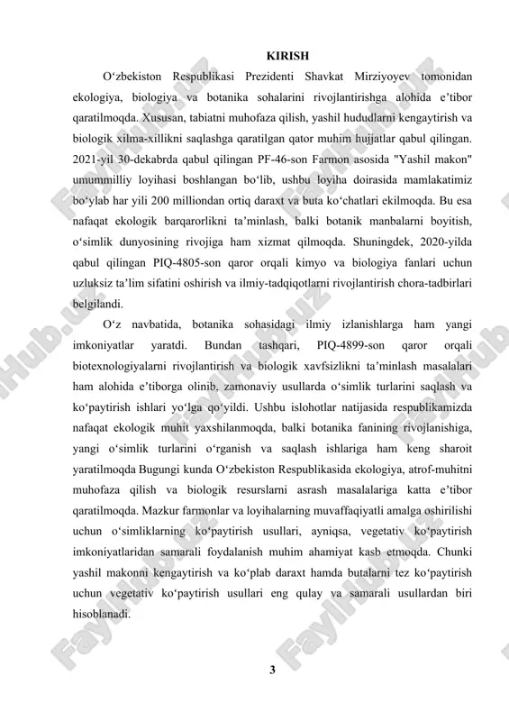rish usullari eng qulay va samarali usullardan biri hisoblanadi. prezidentimiz tomonidan biologik xilma-xillikni asrash, oʻsimliklar turlarini koʻpaytirish va ekologik barqarorlikni taʼminlash yoʻlida qabul qilingan siyosiy va huquqiy hujjatlar mamlakatimizda oʻsimliklar dunyosining rivojlanishiga katta turtki bermoqda. shu nuqtayi nazardan, oʻsimliklarning vegetativ koʻpayishi mavzusini oʻrganish va uni amaliyotda keng joriy etish dolzarb ahamiyat kasb etadi. bugungi kunda oʻzbekiston respublikasida ekologiya va biologiya sohalarini rivojlantirish, atrof-muhitni muhofaza qilish va yashil hududlar maydonini kengaytirish borasida keng koʻlamli ishlar olib borilmoqda. mamlakatimizda tabiatni asrash va ekologik barqarorlikni taʼminlash davlat siyosatining ustuvor yoʻnalishlaridan biri sifatida belgilangan. ekologik holatni yaxshilash, biologik xilma-xillikni saqlash hamda aholi salomatligini mustahkamlash maqsadida bir qator muhim loyihalar va dasturlar amalga oshirilmoqda. butun respublika hududida daraxt va buta koʻchatlari ekish ishlari tashkil etilib, yashil hududlar maydonini oshirish boʻyicha tizimli chora-tadbirlar koʻrilmoqda. bunday jarayonlarda oʻsimliklarning koʻpaytirish usullari, xususan, vegetativ koʻpaytirishning ahamiyati juda katta. vegetativ koʻpaytirish — oʻsimliklarning urugʻsiz, vegetativ organlari yordamida koʻpayish jarayoni boʻlib, …