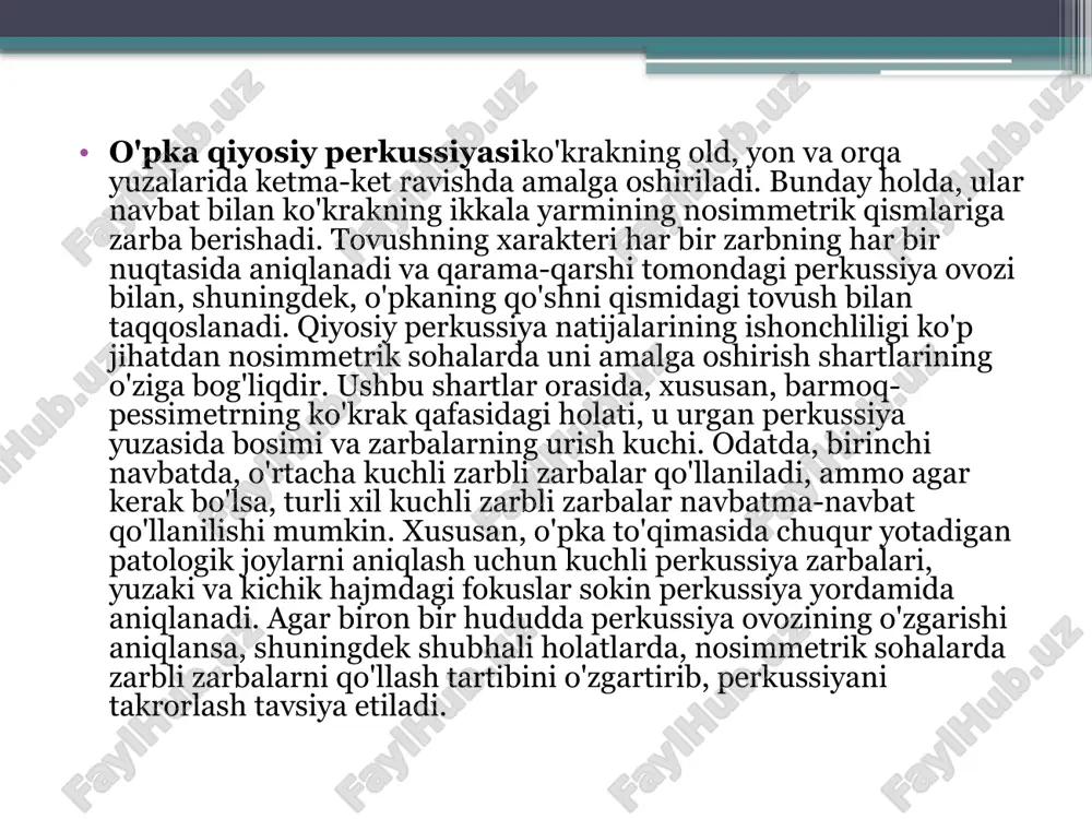 fokal pnevmoniya bilan perkussiya tovushining qisqarishi yoki xiralashishi aniqlanadi, krupli pnevmoniyada esa zerikarli perkussiya ovozi o'pkaning havosiz va zich bo'lagi ustidan aniqlanadi. image2.jpeg image3.jpeg image4.jpeg image5.jpeg /docprops/thumbnail.jpeg