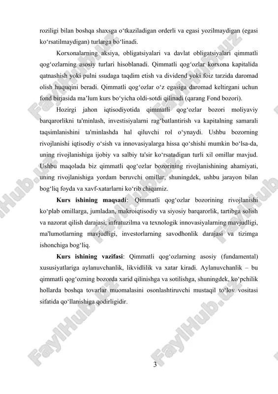 igi, investorlarning savodhonlik darajasi va tizimga ishonchiga bog‘liq. kurs ishining vazifasi: qimmatli qog‘ozlarning asosiy (fundamental) xususiyatlariga aylanuvchanlik, likvidlilik va xatar kiradi. aylanuvchanlik – bu qimmatli qog‘ozning bozorda xarid qilinishga va sotilishga, shuningdek, ko‘pchilik hollarda boshqa tovarlar muomalasini osonlashtiruvchi mustaqil to‘lov vositasi sifatida qo‘llanishiga qodirligidir. i bob xorijiy obligatsiyalarni tahlil qilish 1.1 obligatsiyalar muomalasi nazariy jihatlari qimmatli qog’ozlar bozorining, umuman moliya bozorining muhim instrumentlaridan biri obligatsiyalar hisoblanadi. obligatsiya - uni chiqargan shaxs va egasi o’rtasidagi qarz munosabatni tasdiqlovchi qimmatli qog’ozdir. o’zbekiston respublikasi “qimmatli qog’ozlar bozori to’g’risida”gi qonuniga ko’ra: obligatsiya - obligatsiyani saqlovchining obligatsiyaning nominal qiymatini yoki boshqa mulkiy ekvivalentini obligatsiyani chiqargan shaxsdan obligatsiyada nazarda tutilgan muddatda olishga, obligatsiyaning nominal qiymatidan qayd etilgan foizni olishga bodgan huquqini yohud boshqa mulkiy huquqlarini tasdiqlovchi emissiyaviy qimmatli qog’oz. obligatsiya uning egasiga obligatsiyaning nominal qiymatidan qat’iy belgilangan foiz bo’yicha daromadni olish huquqini belgilaydi. obligatsiya bo’yicha daromad foiz yoki diskontda ifodalanadi. shunday qilib, obligatsiya - o’z ichiga …