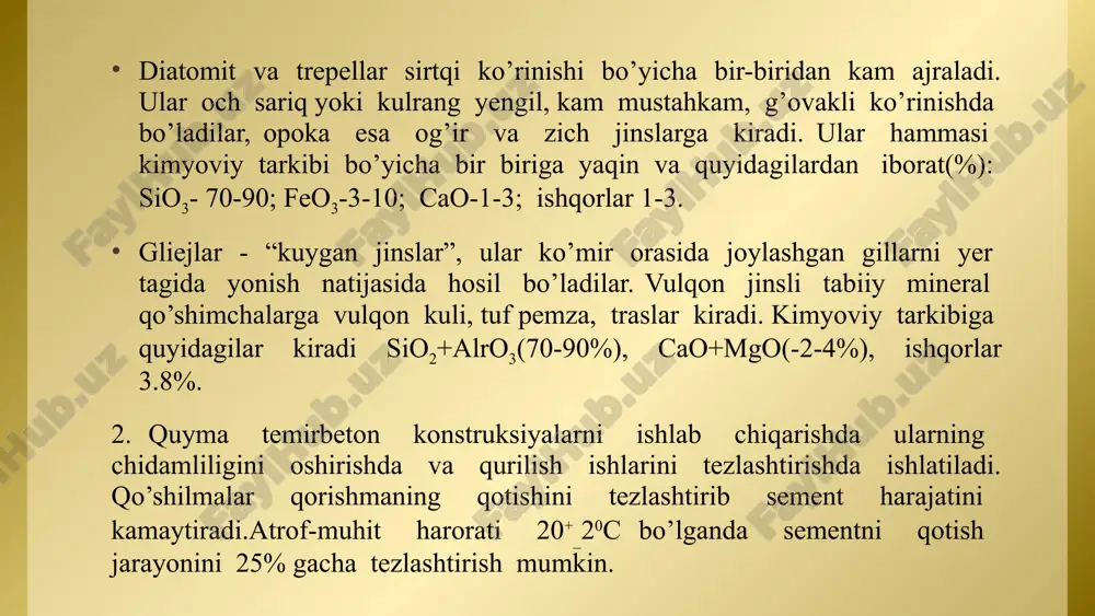 a yangi yuqori samarali kompleks qo’shilmalar tayyorlanib, sementli beton va qorishmalar tayyorlashda ko’plab ishlatilmoqda. 5 relamiks. polimetilnaftalsulfat kislotasining natriy tuzlari va chidamlilikni oshiruvchi plastifikatorlar asosida olingan kompleks qo’shilma. qo’shilma och rangli, suvda eruvchan kukun yoki kamida 32% li jigarrangli suv eritmasi. bunday quyma beton buyumlarni bug’lab qotirish shart emas. tavsiya etilgan miqdori sement og’irligiga ko’ra 0.6-1%. linamiks. polimetilnaftalinsulfat kislotasining natriy tuzlari va lignosulfatlar asosida biriktirib olingan kompleks qo’shilma. jigarrang, suvda eruvchan kukun yoki 32% li suv eritmasi holatida ishlatiladi. tavsiya etilgan miqdori: sement og’irligiga ko’ra 0,3….0.4%. defomiks. polimetilnaftalinsulfat kislotasining natriy tuzlari bilan ko’pik so’ndirgichlar asosidagi kompleks qo’shilma. jigarrang, suvda eruvchan kukun yoki 32% li suv eritmasi holatida ishlatiladi. betonni qorishtirganda havo yutishi 0,8….1% gacha kamayadi. qo’shilma sement og’irligini 0,4-0,8% ini tashkil etadi. geksalit.plastifikatsiyalovchi komponentlar bilan qorishmani qotishini tezlatuvchilar asosidagi kompleks qo’shilma. bir kunda beton qorishmasini mustahkamligi 28 kunlikka nisbatan 80% tashkil etishi mumkin. miqdori sement og’irligini 7,5% ini tashkil etadi. …