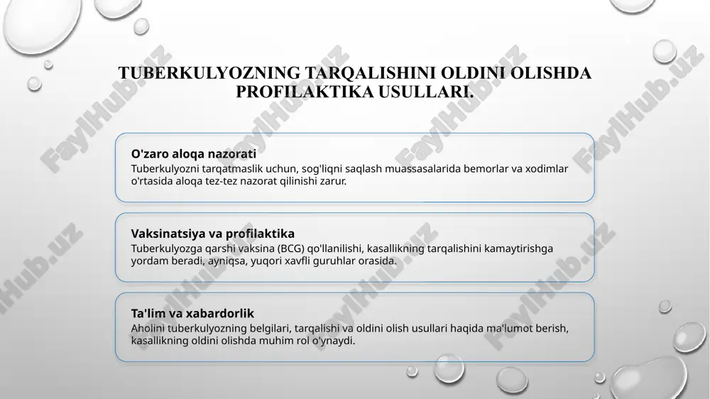 shlangan bo'lib, 1920-yillarda birinchi sanitariya tashkilotlari tuzildi. muhim voqealar 1960-yillarda tuberkulyozga qarshi keng qamrovli immunizatsiya dasturlari joriy qilindi, bu infeksiyaning tarqalishini sezilarli darajada kamaytirdi. zamonaviy yondashuvlar hozirgi kunda o'zbekistonda tuberkulyozga qarshi kurashda innovatsion texnologiyalar va xalqaro hamkorlik muhim o'rin egallamoqda, bu esa samaradorlikni oshiradi. sog'liqni saqlash tizimida tuberkulyozga qarshi kurashning zamonaviy usullari. sog'liqni saqlash tizimida tuberkulyozga qarshi kurashning zamonaviy usullari, kasallik tarqalishini oldini olish uchun innovatsion yondashuvlarni o'z ichiga oladi. jumladan: - tezkor diagnostika usullari; - vaksinatsiya va profilaktika dasturlari; - kasallarning davolanishida zamonaviy dori vositalari. bu usullar o'zbekistonda va global miqyosda tuberkulyozga qarshi kurashda muhim ahamiyatga ega. o'zbekistonda tuberkulyozning oldini olish bo'yicha xalqaro tajribalar. xalqaro tajribalar innovatsion yondashuvlar jamiyat ishtiroki o'zbekistonda tuberkulyozni oldini olish uchun xalqaro tajribalar, masalan, sog'liqni saqlash tashkilotining strategiyalari va xalqaro hamkorliklar o'rganilmoqda. tuberkulyozga qarshi innovatsion yondashuvlar, masalan, vaktsinatsiya va tezkor diagnostika usullari, o'zbekistonda muvaffaqiyatli amalga oshirilmoqda. o'zbekistonda tuberkulyozga qarshi kurashda jamiyat ishtirokini oshirish, xususan, ma'rifat …