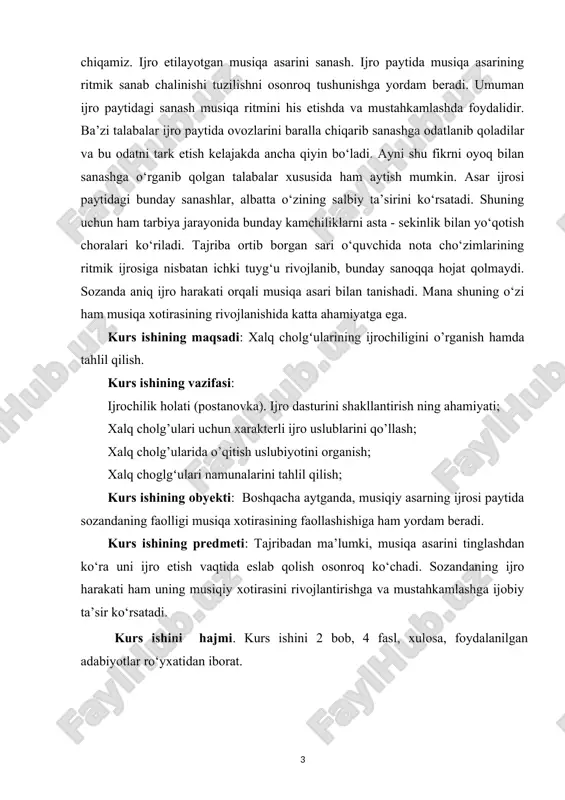 ni qo’llash; xalq cholg’ularida o’qitish uslubiyotini organish; xalq choglgʻulari namunalarini tahlil qilish; kurs ishining obyekti: boshqacha aytganda, musiqiy asarning ijrosi paytida sozandaning faolligi musiqa xotirasining faollashishiga ham yordam beradi. kurs ishining predmeti: tajribadan ma’lumki, musiqa asarini tinglashdan ko‘ra uni ijro etish vaqtida eslab qolish osonroq ko‘chadi. sozandaning ijro harakati ham uning musiqiy xotirasini rivojlantirishga va mustahkamlashga ijobiy ta’sir ko‘rsatadi. kurs ishini hajmi. kurs ishini 2 bob, 4 fasl, xulosa, foydalanilgan adabiyotlar ro‘yxatidan iborat. i bob xalq cholg’ularida ijrochilik. 1.1 ijrochilik holati (postanovka). ijro dasturini shakllantirish musiqa ijrochiligiga o‘rgatish musiqa xotirasini rivojlantirish uchun zamin yaratadi. musiqa xotirasini mustahkamlash ustida talabaning muntazam ishlashi xotiraning takomillashishini ta’minlaydi. yirik musiqa asarlari yod olishda umumiydan xususiyga qarab xarakat qilish kerakligini ko‘plab mashxur cholg‘uchi - o‘qituvchilar aytib o‘tishgan. boshqacha aytganda, musiqa asarining umumiy shakli va ma’nosini anglab olgandan so‘ng alohida qismlarni o‘zlashtirishga kirishish kerak. bunday qismlarni o‘zlashtirishga kirish kerak. bunday qismlar nisbatan tugallangan va mustaqil bo‘lishi …