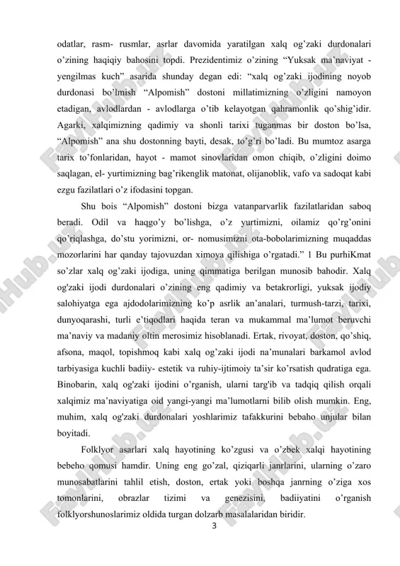 lilidir. kurs ishining maqsadi: bu noyob durdonalarda xalqimizning yaratuvchilk, zukkolik, donolik kabi fazilatlari o’z ifodasini topgan. mazmunan boy, shaklan go’zal bu badiiy boyliklarimiz hozirgi kunda xalqimizga va millionlab zamondoshlarimizga xizmat qilmoqda. kurs ishining vazifasi: maqol deb xalqning ijtimoiy-tarixiy, hayotiy-maishiy tajribasi umumlashgan badiiy, obrazli mulohazalardan iborat hikmatli so‘zlarga aytiladi. maqol o‘zbek tilida maqol, tojiklarda zarbulmasal, ruslarda poslovitsa, arablarda (jonli so‘zlashuvda) naql, turklarda ata so‘zi atamasi bilan yuritiladi. i bob xalq maqollari, topishmoqlar va chaldirmoq janri 1.1 maqol, topishmoqlarning o'ziga xos xususiaytlari maqol - og‘zaki ijodning eng faol janri. maqol deb xalqning ijtimoiy-tarixiy, hayotiy-maishiy tajribasi umumlashgan badiiy, obrazli mulohazalardan iborat hikmatli so‘zlarga aytiladi. maqol o‘zbek tilida maqol, tojiklarda zarbulmasal, ruslarda poslovitsa, arablarda (jonli so‘zlashuvda) naql, turklarda ata so‘zi atamasi bilan yuritiladi. maqol atamasi arabcha - «qavlun» - «gapirmoq, aytmoq» so‘zidan olingan. folklorshunos olimlar maqollar va matallarni o‘rganuvchi sohani paremiologiya deb atashadi. paremiya - yunoncha chuqur ma’noli gap, hikmatli so‘z, ibora, maqol, matal …