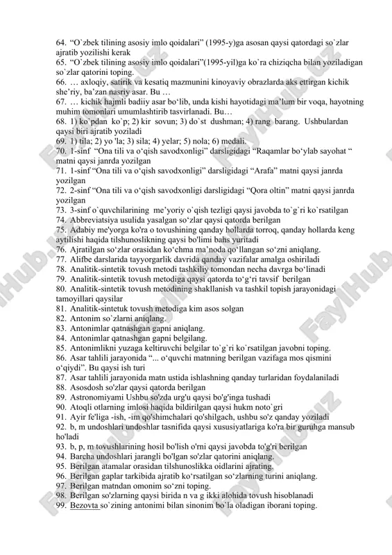 unlisi bilan yoziladi 46. qaysi qatordagi so'zlarning undoshlari jarangli lab tovushlaridan iborat 47. qaysi shoir dostonlarining bir qancha epizodlari, “sher bilan durroj”, “kabutar” singari masallari yaxshi xislatlarni tarbiyalashda katta rol o‘ynaydi 48. qaysi so'zlarda jarangsiz undoshlar ishtirok etmagan: 49. qaysi usul matn ustida ishlashda katta ahamiyatga ega bo‘lib, o‘quvchilarning ijodiy qobiliyatlarini rivojlantiradi 50. quyida berilgan talablar nimaning muhim shartlaridan hisoblanadi1. nutq jarayonida nafasni to’g‘ri olish va to’g‘ri taqsimlay bilish. 2. har bir tovushning to’g‘ri artikulyastiyasi va aniq dikstiya (burro gapirish) malakasini egallash. 3. adabiy talaffuz me’yorlarini egallash. 51. quyidagi gapdagi iboraning sinonimini aniqlang. 52. shakldosh so‘zlar ishtirok etgan gapni aniqlang. 53. she’riy ohangni his qilmaslik, matn so‘zlarini to‘la tushunib etmaslik qanday salbiy jihatni keltirib chiqaradi 54. she’rni izohli o’qish darsining tuzilishi qanday bo’lishi mumkin 55. so'z yasovchi qo‘shimchalar qaysi qatorda berilgan 56. tinch (sifat) —quvonch (ot), qadrdon (sifat) — kuldon (ot) so'zlaridagi 57. tinchimoq so'zidagi faqat so'z yasovchi qo'shimchalar qaysi …